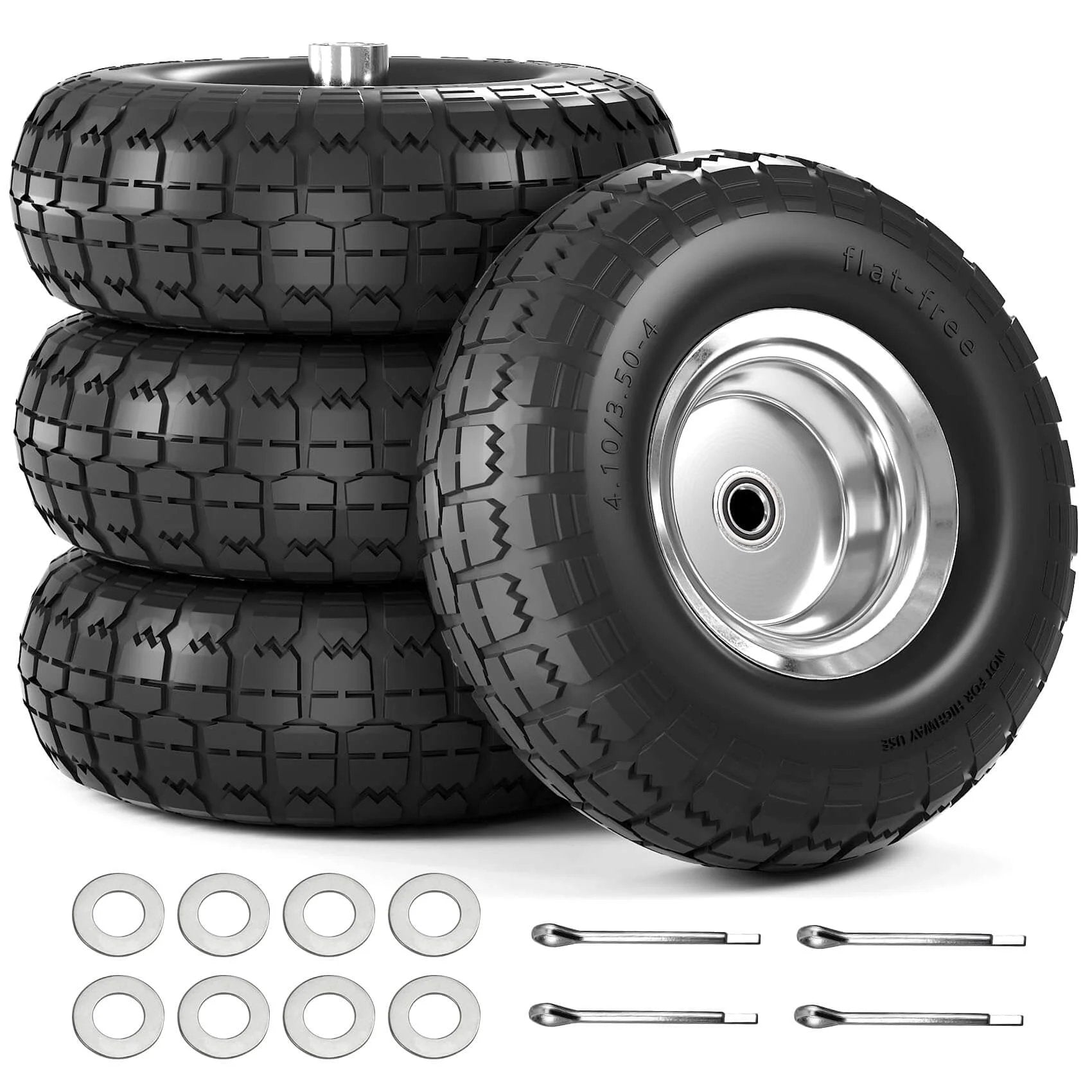 4.10/3.50-4 Flat Free Tire and Wheel Set of 4 with 10 inch solid rubber construction and iron hub, showcasing durable tread.