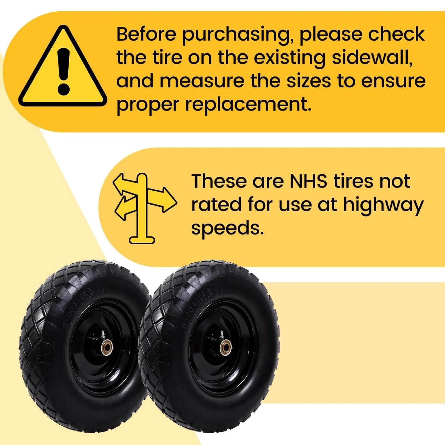 ✝️ Flat Free Tire and Wheel 4.80/4.00-8 16 Inch Solid 2 Pack warnings about use and size measurement for replacement.