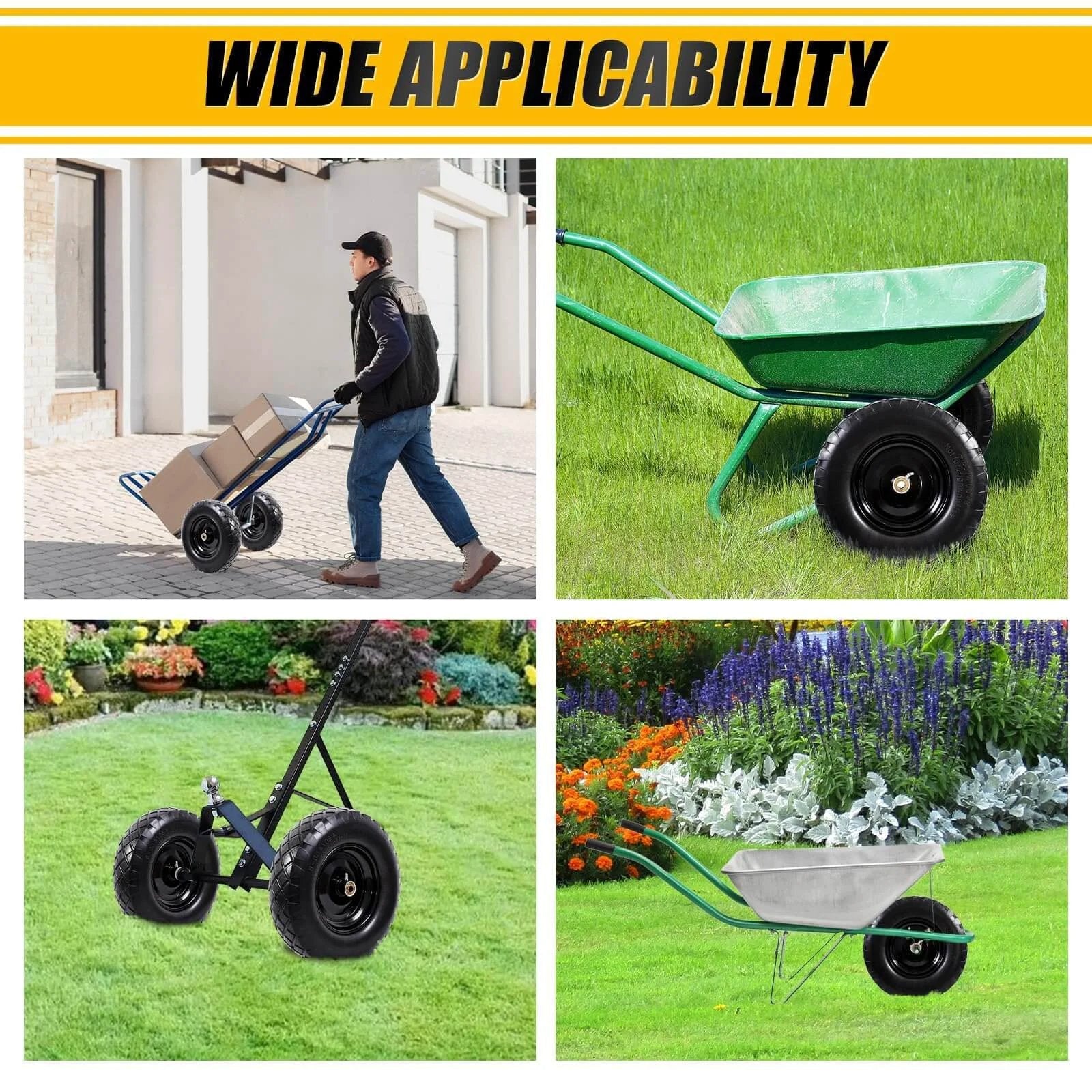 Various applications of ✝️ Flat Free Tire and Wheel 4.80/4.00-8 16 Inch Solid 2 Pack with 5/8 and 3/4 Bearings on carts and wheelbarrows