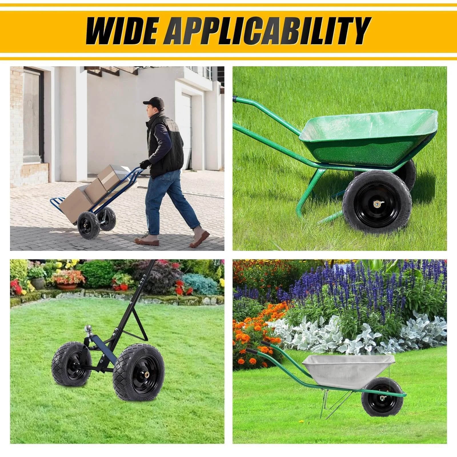 Various garden carts using 4.80/4.00-8" flat free tire and wheel with 5/8" & 3/4" bearings, shown in different outdoor scenarios.