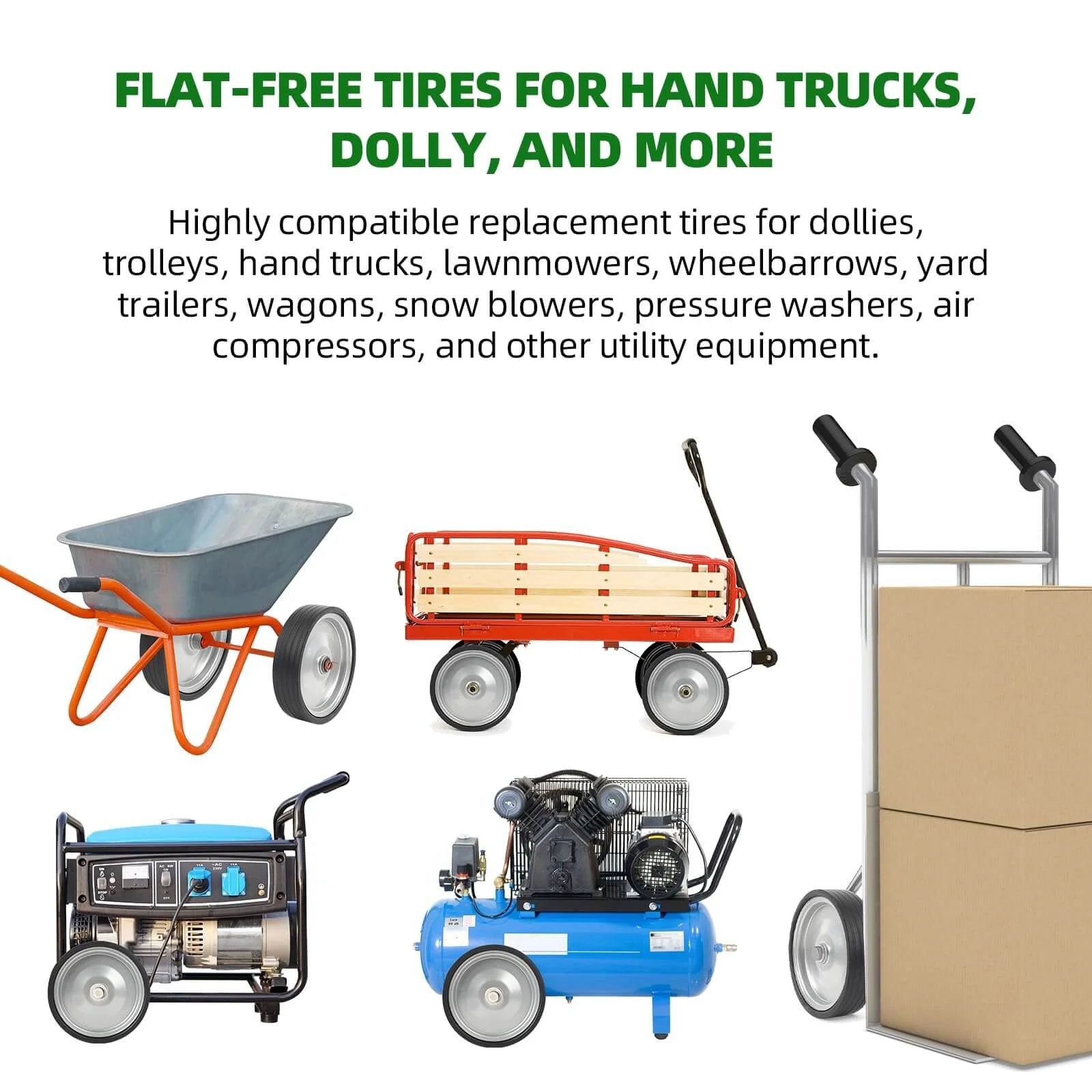 Graphic showing flat-free tires for hand trucks, dollies, wheelbarrows, and utility equipment with various images of equipment.