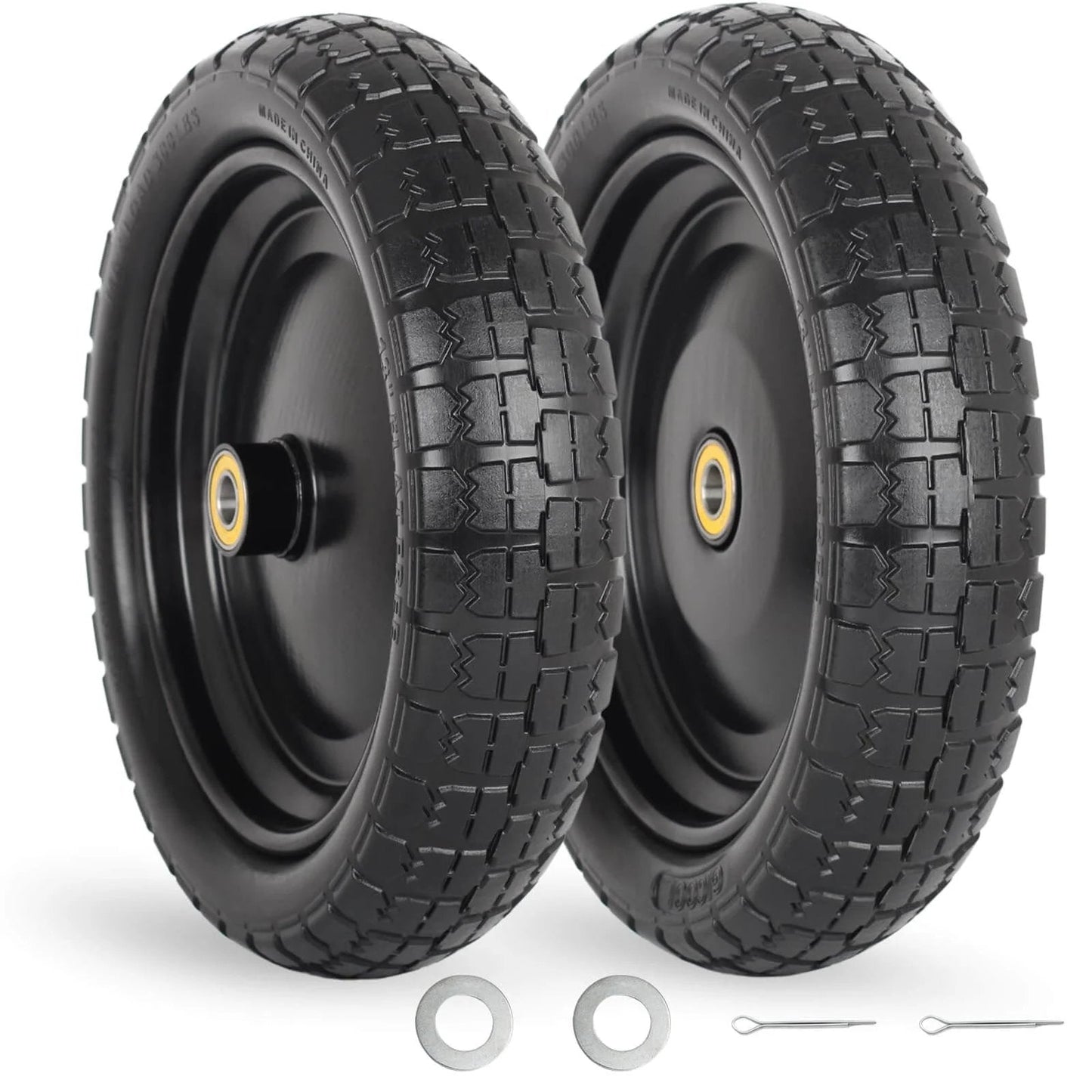 ✝️ 13" flat-free solid tire and wheel, with 5/8" axle bore hole, 2.2" offset hub, replacement 4.00-6 wheelbarrow tire, 2 pack