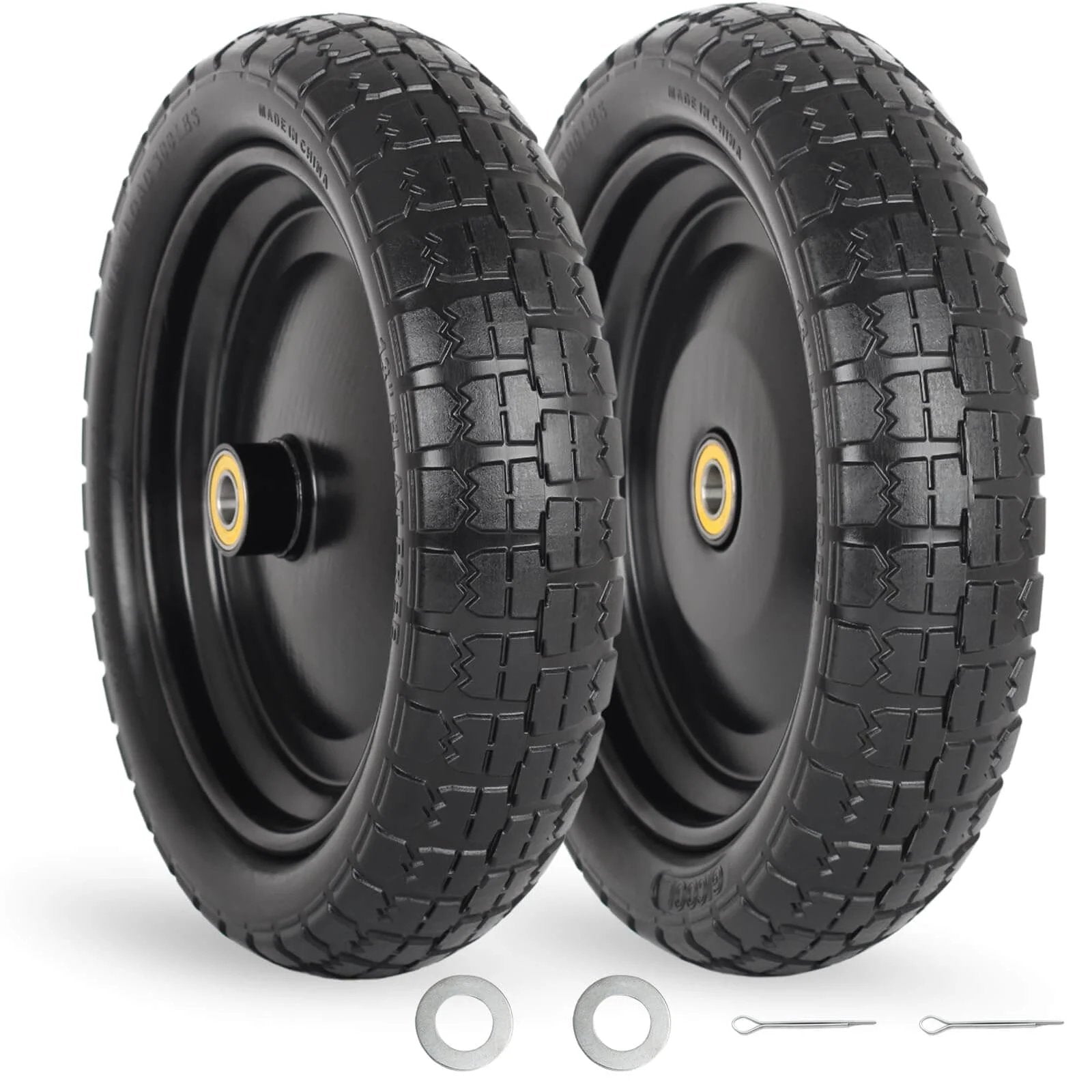 ✝️ 13" flat-free solid tire and wheel, with 5/8" axle bore hole, 2.2" offset hub, replacement 4.00-6 wheelbarrow tire, 2 pack