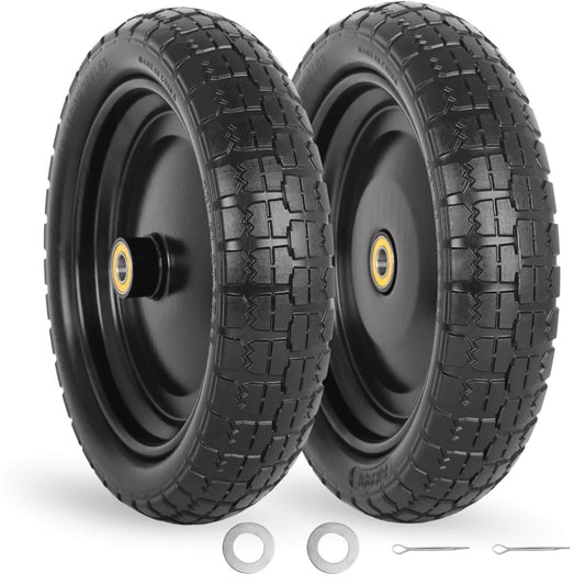 ✝️ 13" flat-free solid tire and wheel, with 5/8" axle bore hole, 2.2" offset hub, replacement 4.00-6 wheelbarrow tire, 2 pack
