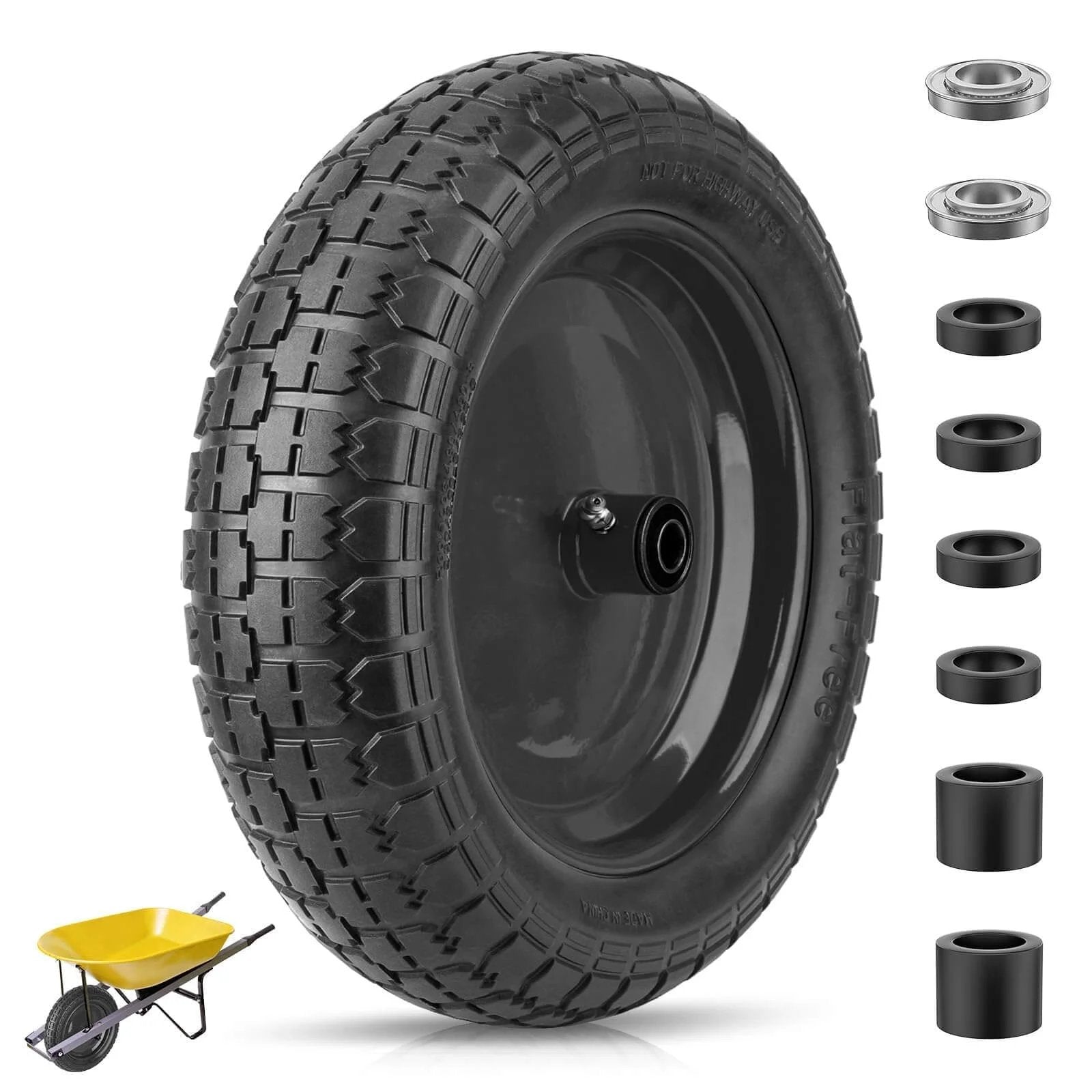 4.80/4.00-8 Flat Free Wheelbarrow Tire and Wheel, 14.5 Inch Polyurethane with Steel Rim, bearings, for carts and wagons