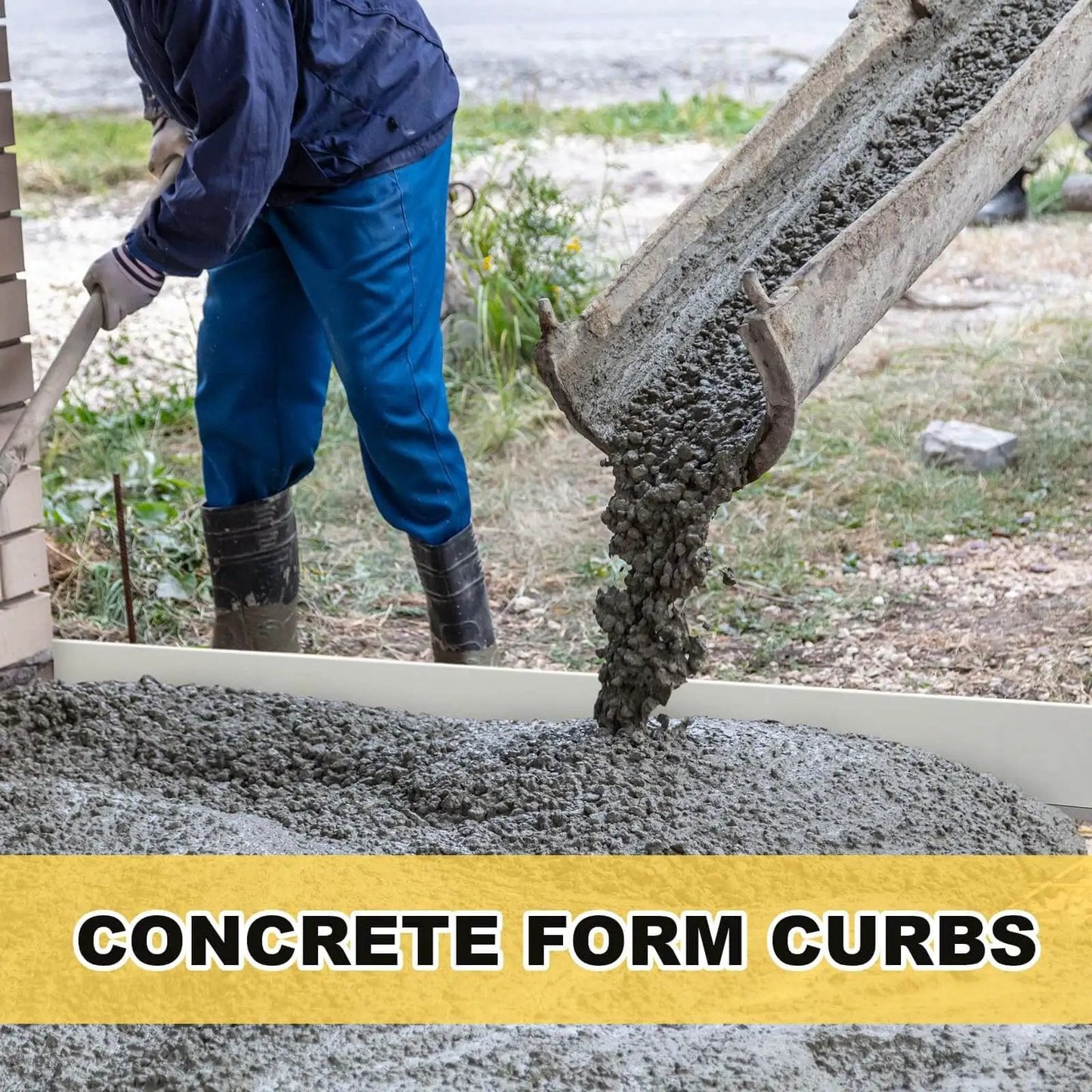 Concrete being poured into five piece flexible plastic concrete form set for walkways 4x76 inches flatwork curb edging tools for paving