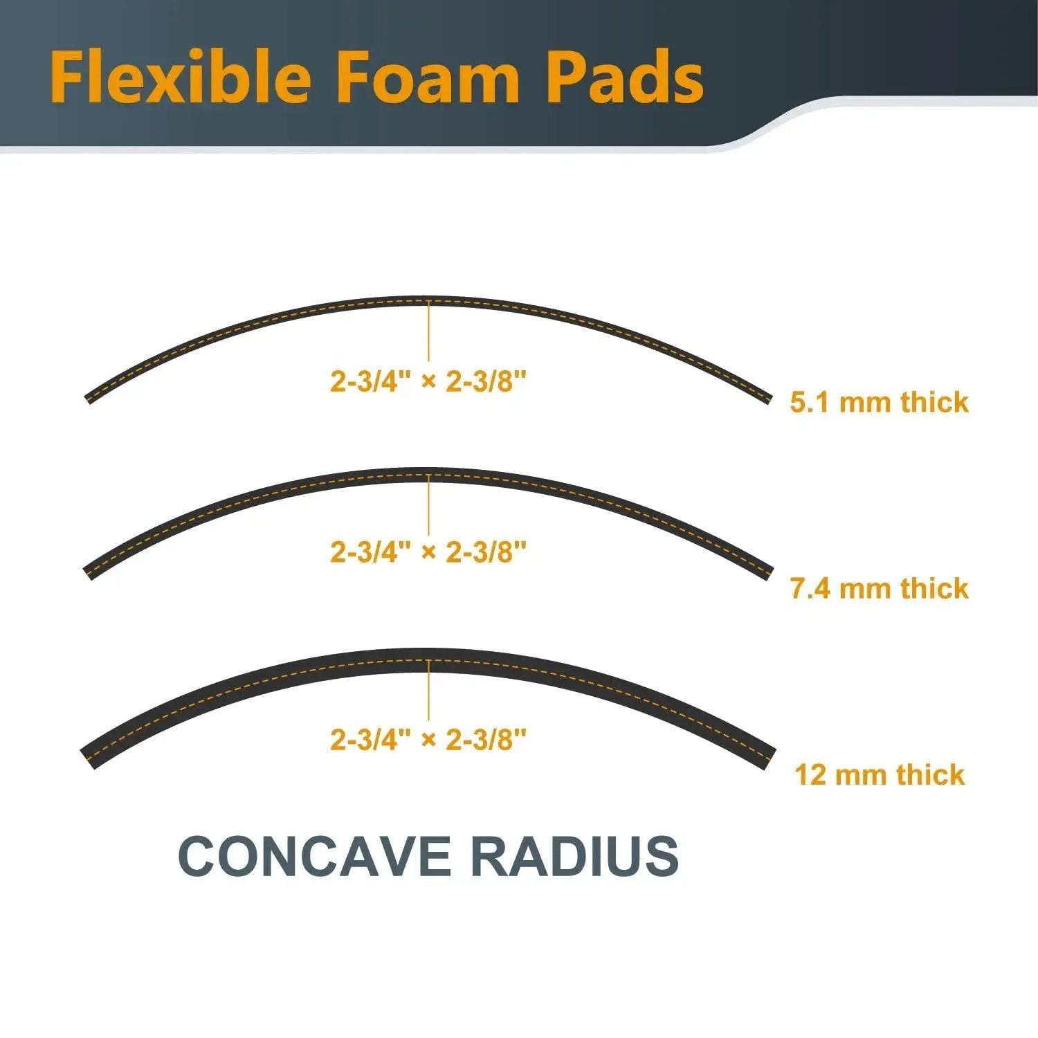 Diagram of flexible foam pads with varying thicknesses from the 9 Piece System Flexible Contour Sanding Set for concave surfaces.
