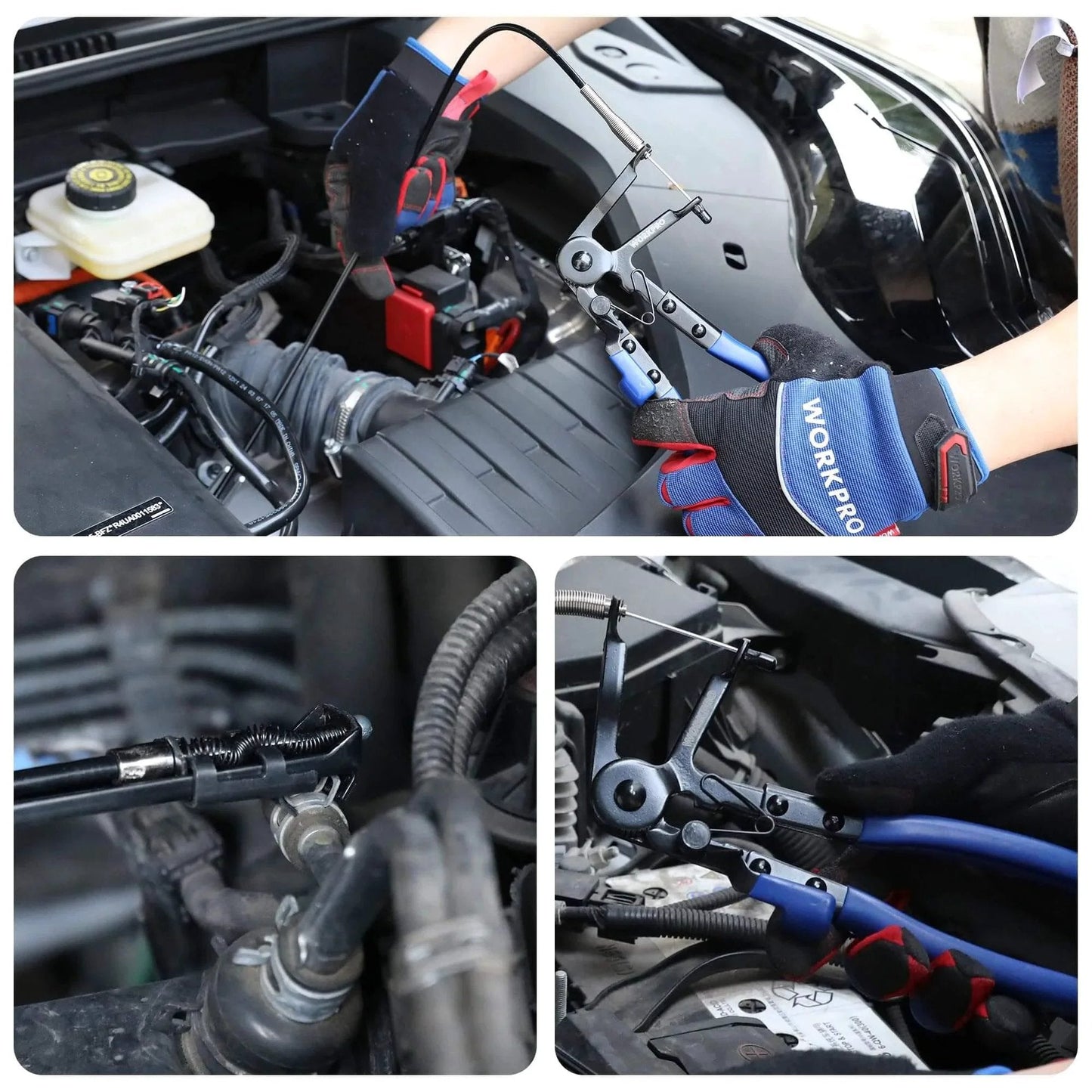 Flexible Hose Clamp Pliers 27 Inch Long Reach Automotive Clamp Removal Tool in engine bay, loosening radiator hoses.