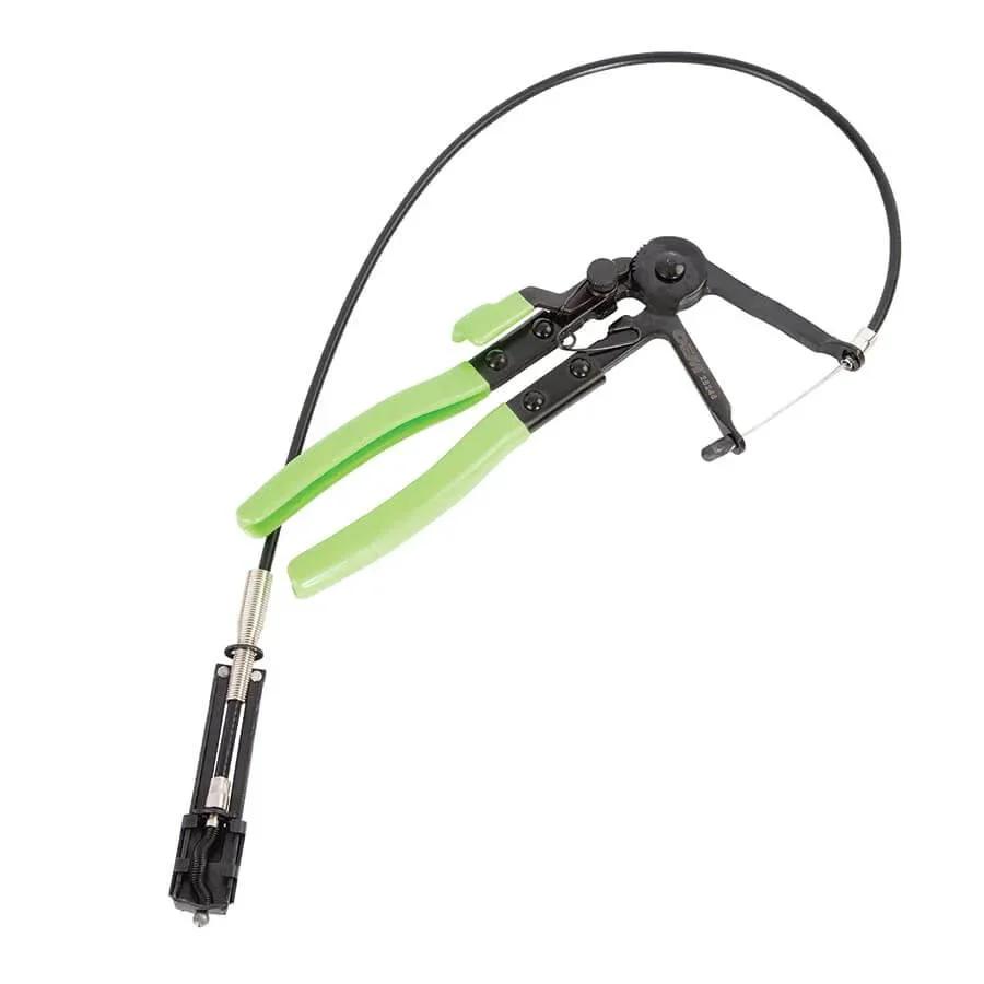 Flexible Hose Clamp Pliers with green handles and flexible cable for automotive radiator and heater hoses install and remove spring clamps.