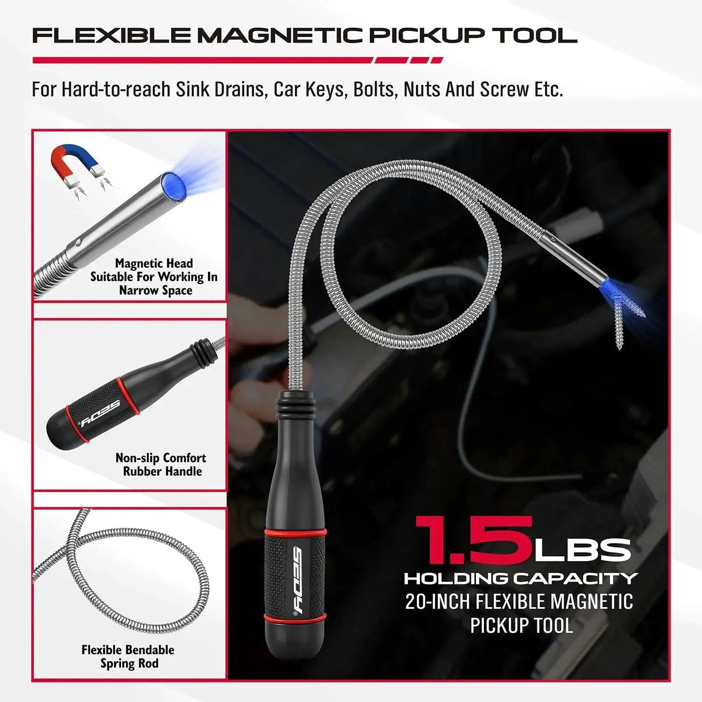 4 Piece Telescoping Magnetic Pickup Tool Set For Garages And Workshops Featuring A 31 Inch Telescoping Magnet Stick With 15 Lb Lift A 25 Inch Pen Style Magnetic Pickup Tool With Pocket Clip A 20 Inch Bendable Spring Magnet Stick And A Magnetic Parts Tray, shown is a flexible 20-inch pickup tool.