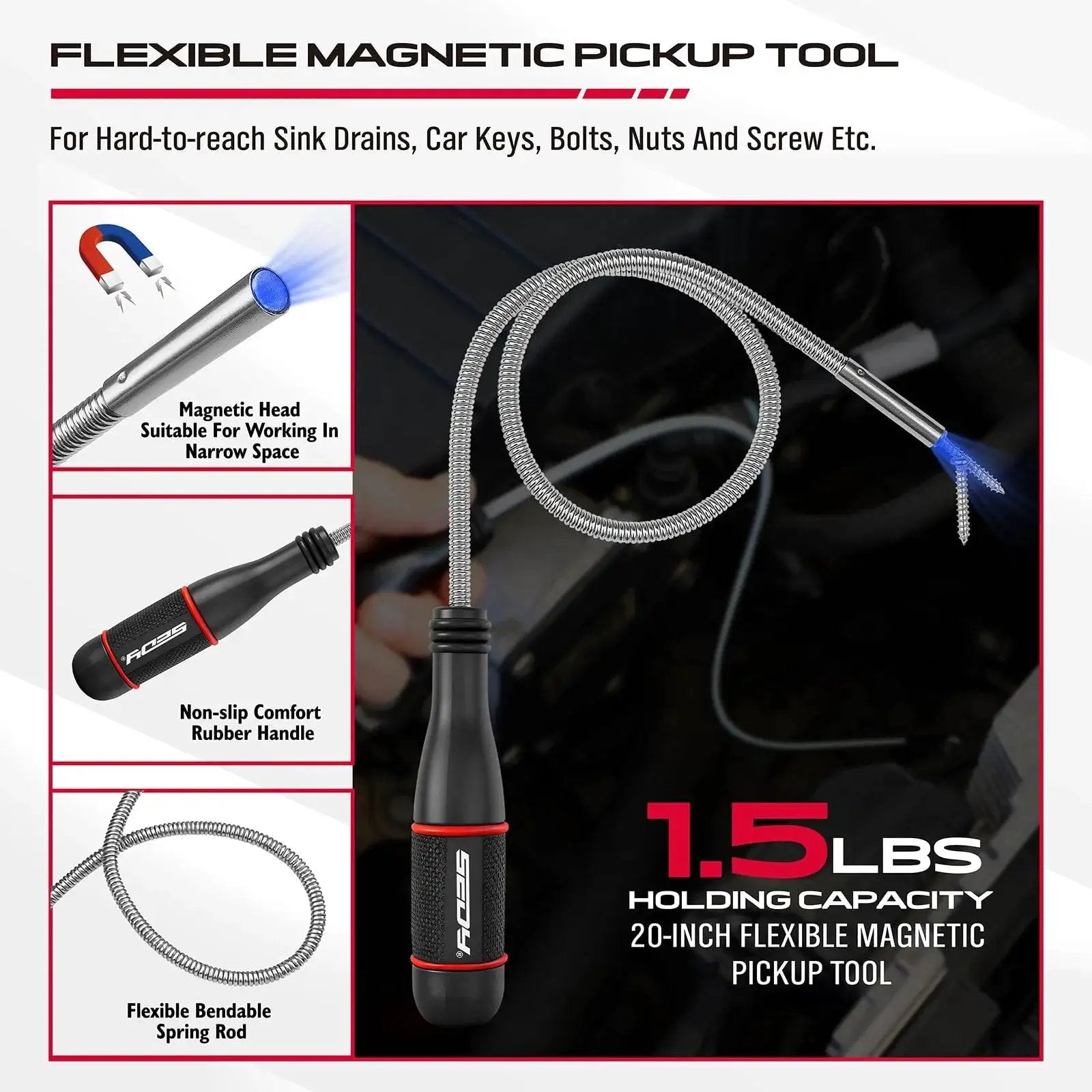 4 Piece Telescoping Magnetic Pickup Tool Set For Garages And Workshops Featuring A 31 Inch Telescoping Magnet Stick With 15 Lb Lift A 25 Inch Pen Style Magnetic Pickup Tool With Pocket Clip A 20 Inch Bendable Spring Magnet Stick And A Magnetic Parts Tray, shown is a flexible 20-inch pickup tool.