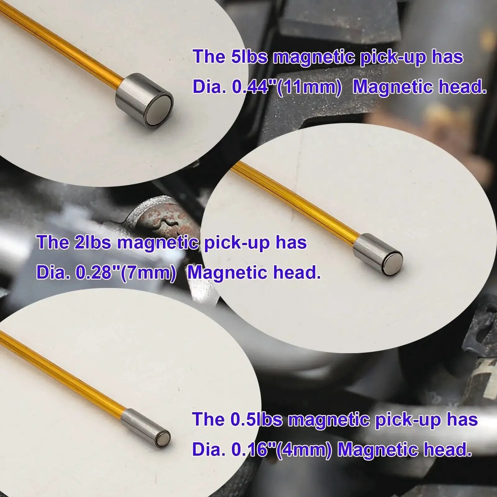 Flexible Magnetic Pickup Tool Set Three Pack With 26 Inch Bendable Extension And Three Magnet Sizes 4mm 7mm And 11mm, shown in close-up view.