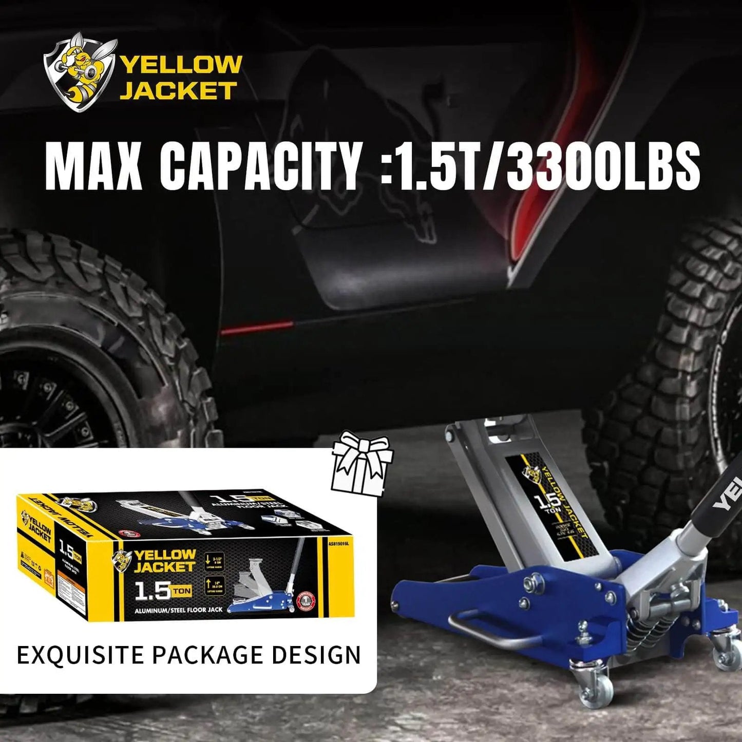 1.5 Ton Low Profile Floor Jack With Quick Lift Dual Pump For Cars And SUVs, 3300 Lb Capacity next to tire and packaging