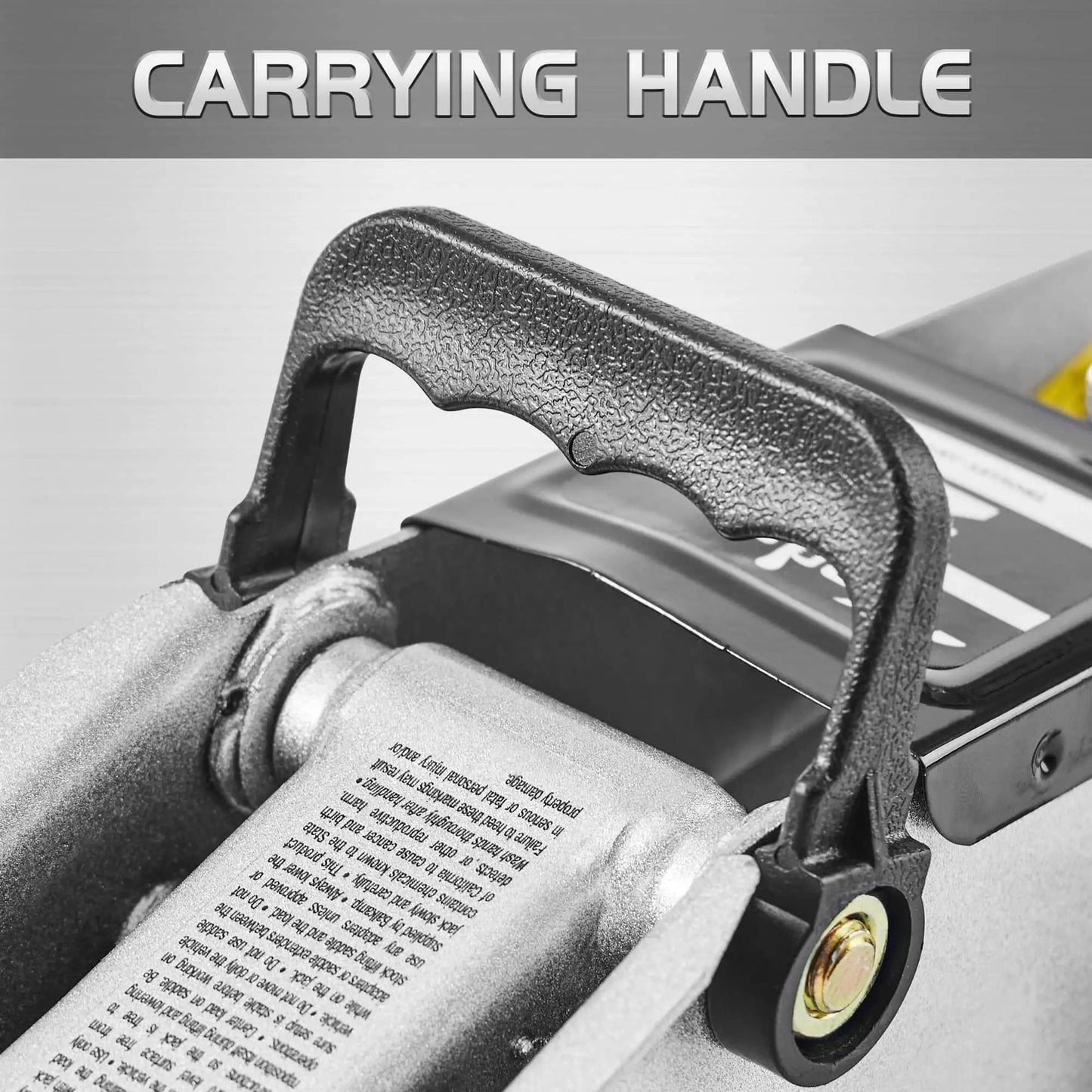 Close-up of carrying handle on Heavy Duty 2 Ton Floor Jack With Safe Hydraulic Lift For Cars Portable Car Jack 4.9 To 11.8 Inch Lift 3800 Lb Capacity With Built In Safety Bypass Valve And Easy Maneuverability On Two Large Steel Casters TONDA