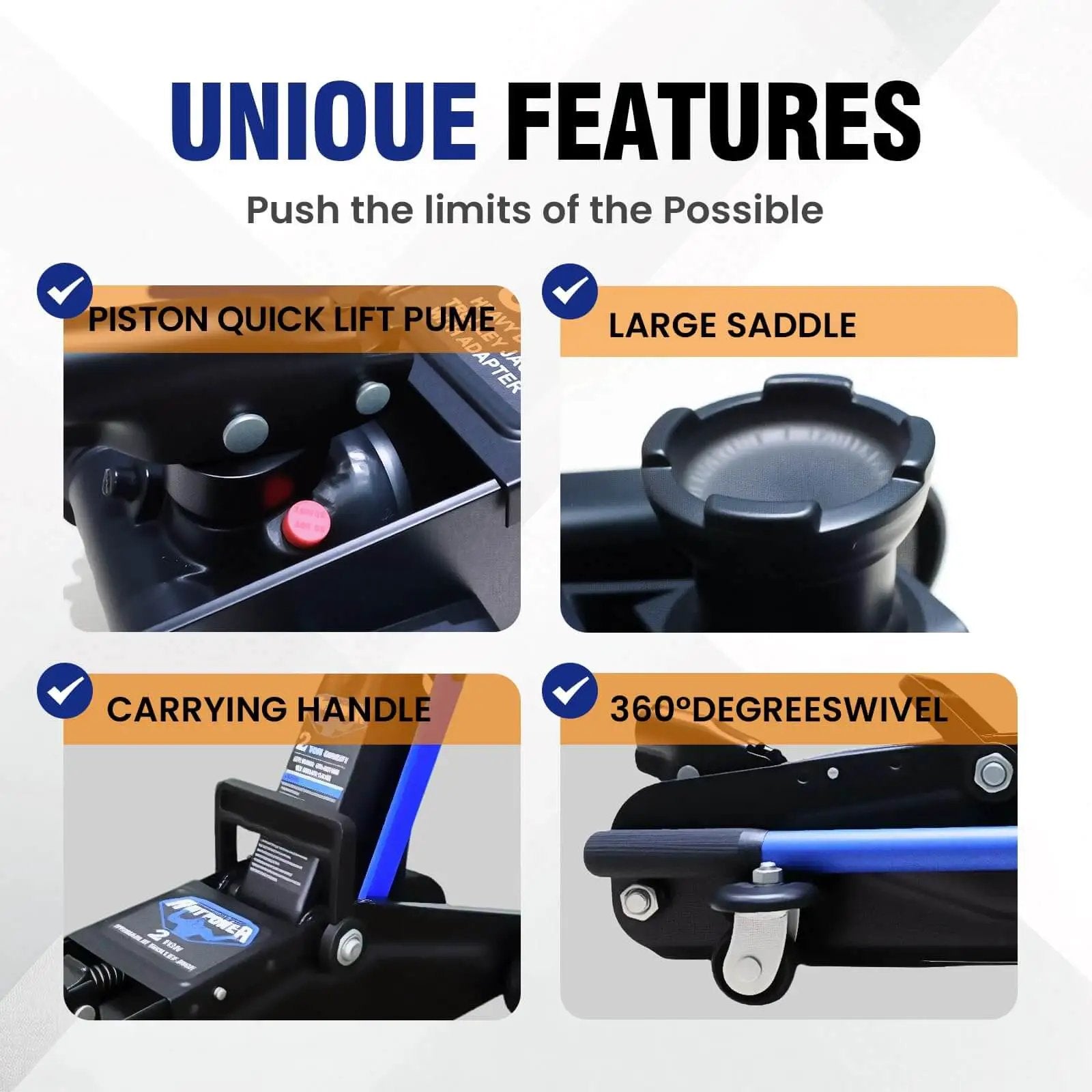 Heavy Duty 2 Ton Low Profile Floor Jack With Wheels For Quick Lifts And Stable Support For Sedans SUVs And Light Trucks With Lifting Range From 5.31 Inches To 13 Inches Including Rubber Saddle And Easy Pump ANTPOWER features overview with piston quick lift, large saddle, carrying handle, and swivel wheels.
