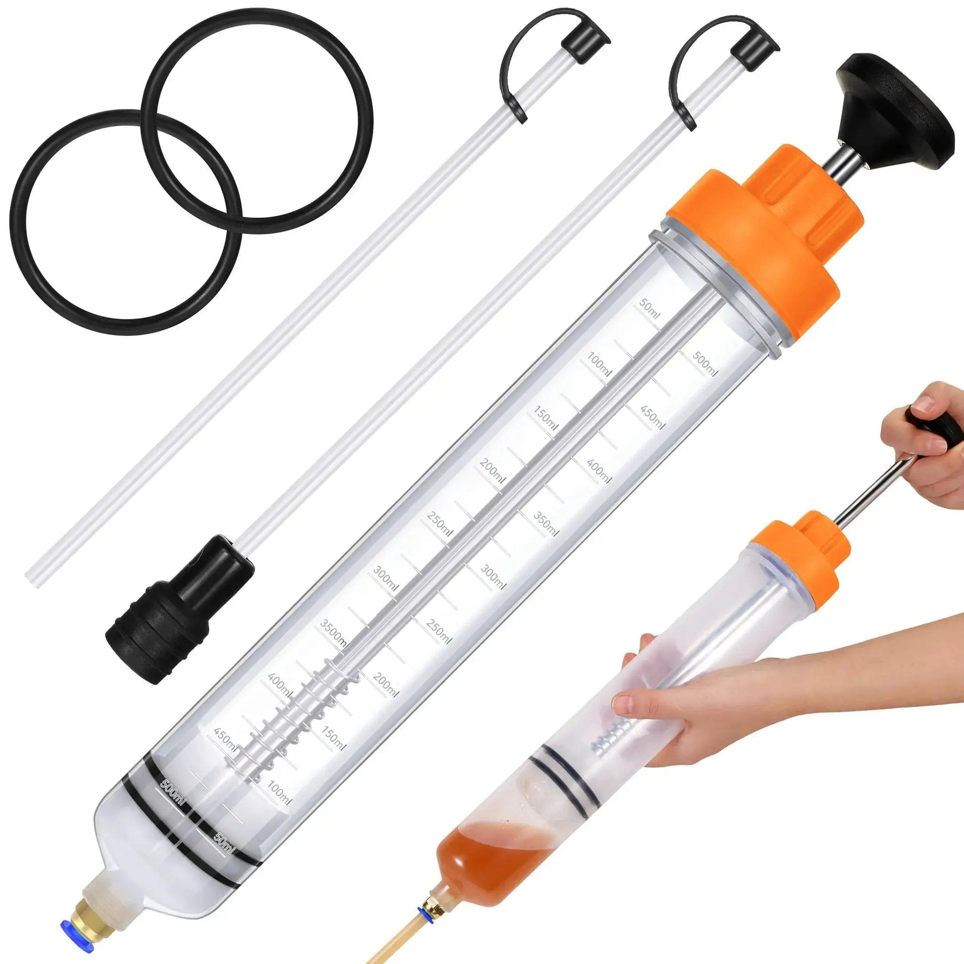 500cc Fluid Extractor For Automotive Use Manual Oil Transfer Pump Syringe For Gasoline Power Steering And Hydraulic Fluids Lightweight Handheld Oil Extractor With Orange Body Quick Suction Leak Free Operation showing parts and usage