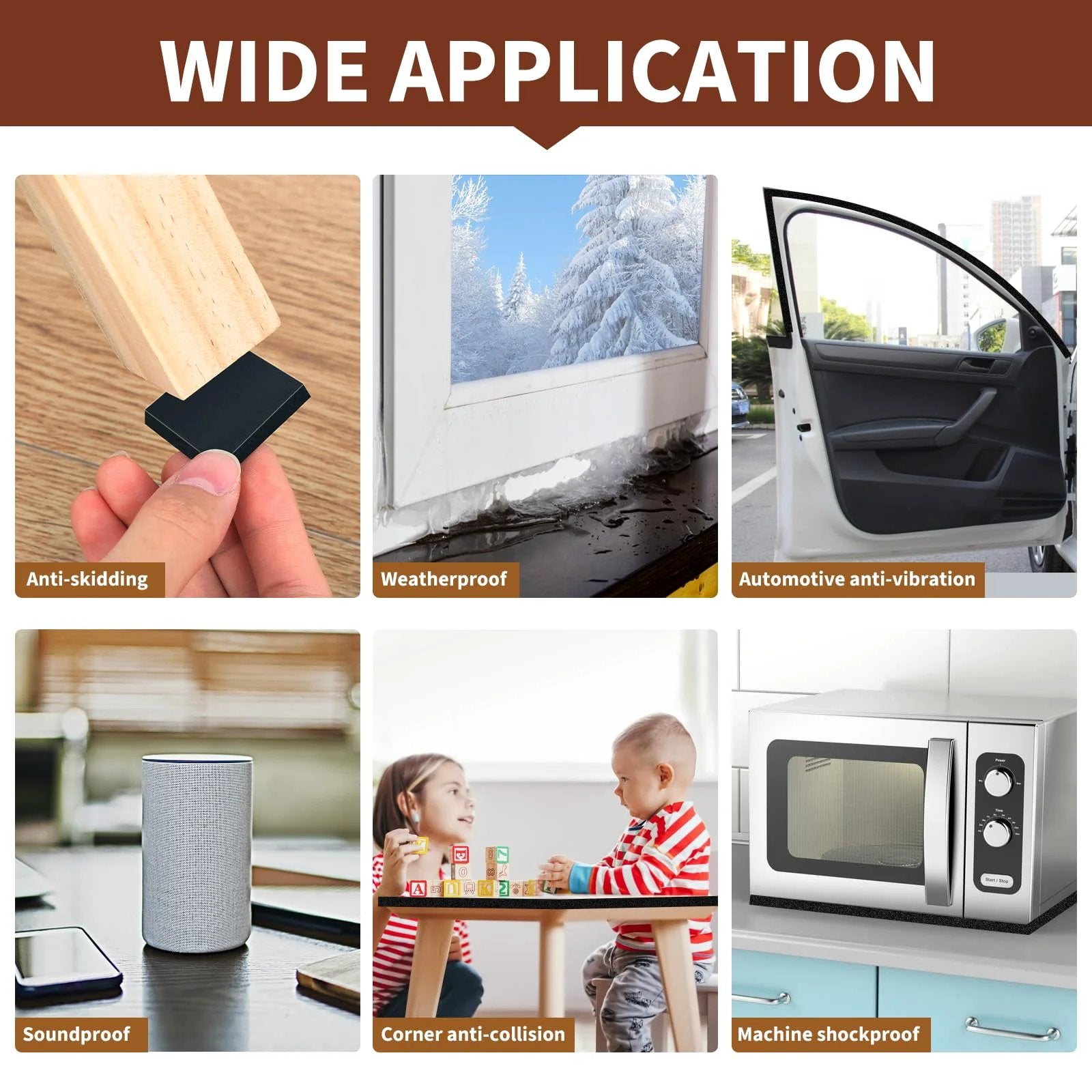 Wide application of Black Half Inch Foam Weather Stripping Tape With One Sixteenth Inch Thick Foam Thirty Three Feet Long, in various uses.