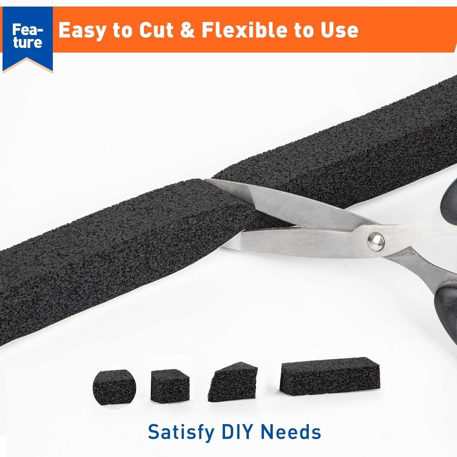 Weather Stripping Door Seal Tape 1 Inch Wide by 1 Inch Thick 13 Feet Total 6.5 Ft Each 2 Rolls Black Foam Insulation Tape with Strong Adhesive cuts being made with scissors.