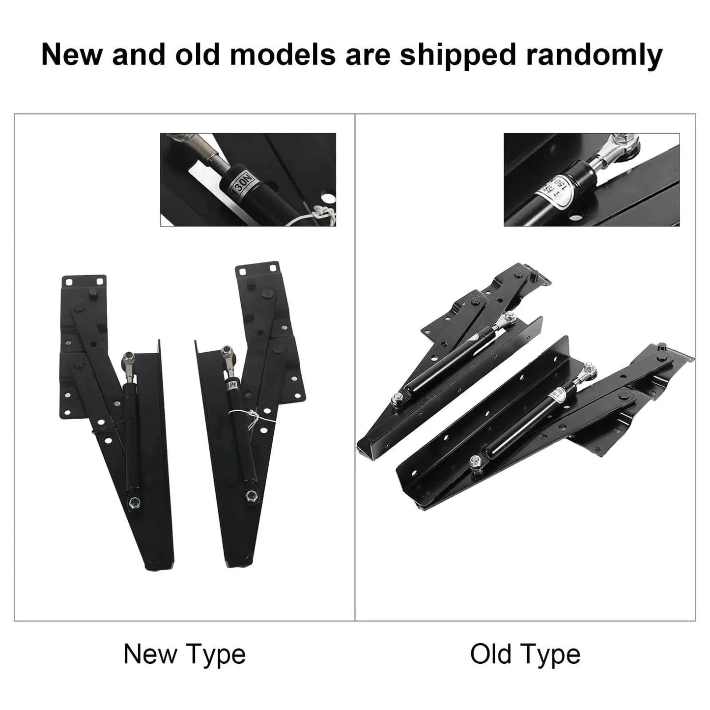 Comparison of new and old 1pair Folding up Top Table Mechanism Hardware Fitting Hinge, black gas hydraulic, shown side by side