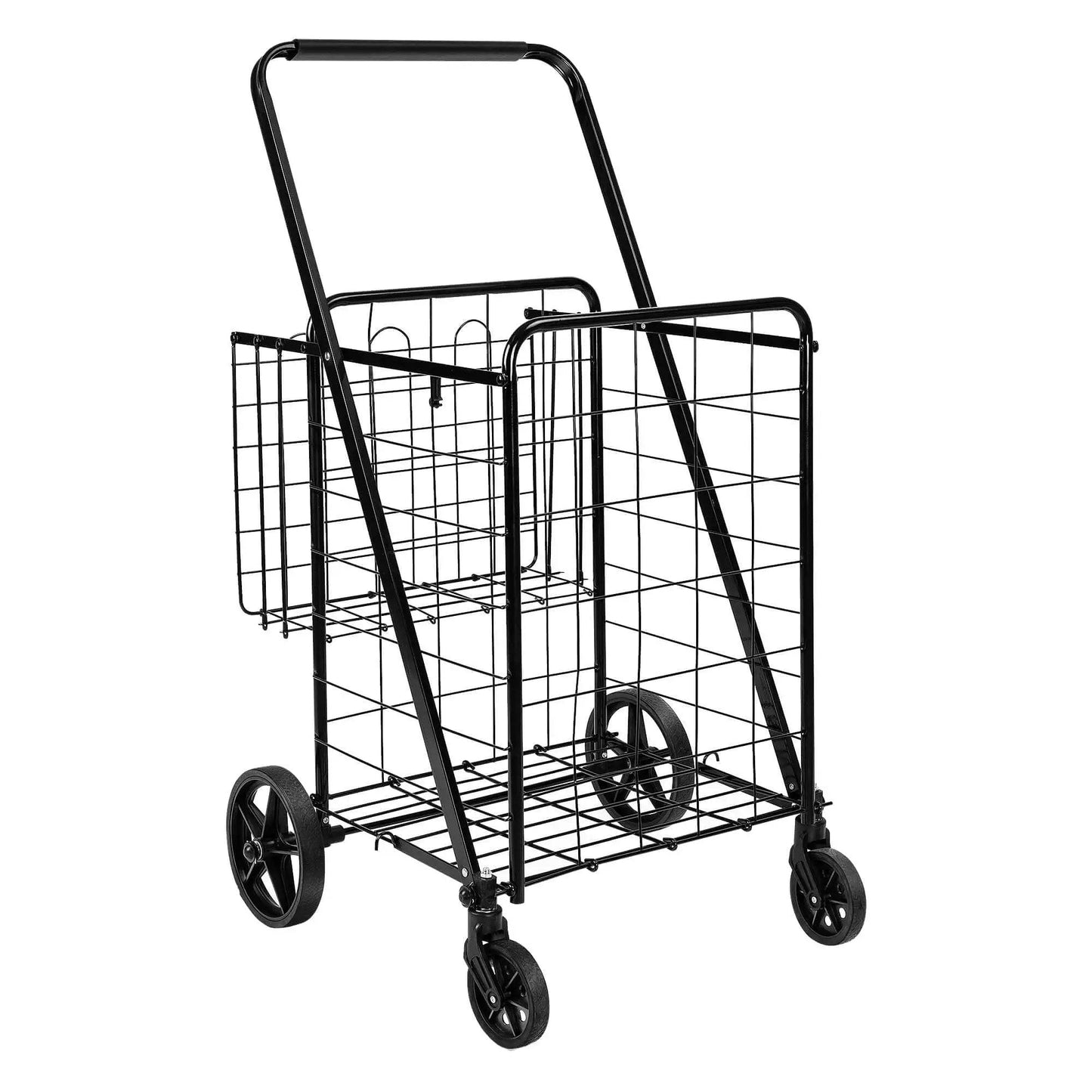 Foldable Collapsible Shopping Cart With 360 Degree Wheels To Haul Groceries And More, Extra Large Capacity, Dual Basket Design, Built Tough Metal Frame, Easy Assembly, Black