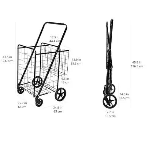 Foldable Collapsible Shopping Cart With 360 Degree Wheels To Haul Groceries And More, Extra Large Capacity, Dual Basket Design, Built Tough Metal Frame, Easy Assembly, Black shown in front and side views.