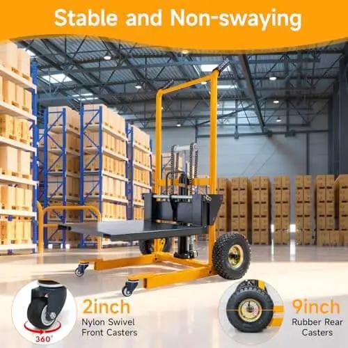 Foldable Hydraulic Material Lift Winch Stacker 450 Lbs Capacity with 35.8 Inch Max Lift and 9 Inch Wheels in a warehouse setting