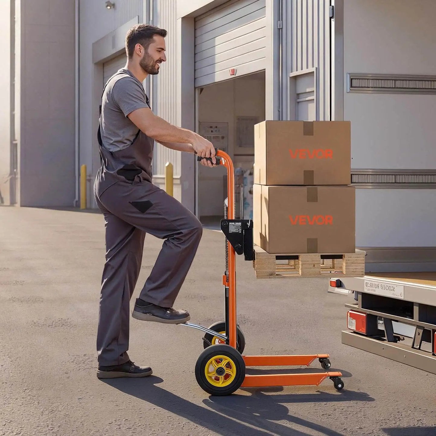 Worker using hydraulic material lift winch stacker with 450 lb capacity and 35.4 inch lift height in warehouse loading area