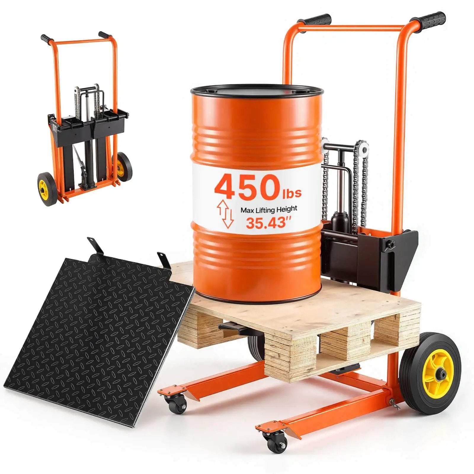 Hydraulic Material Lift Winch Stacker With 450 Lb Capacity And 35.4 Inch Lift Height, foldable orange and black design with pallet and drum