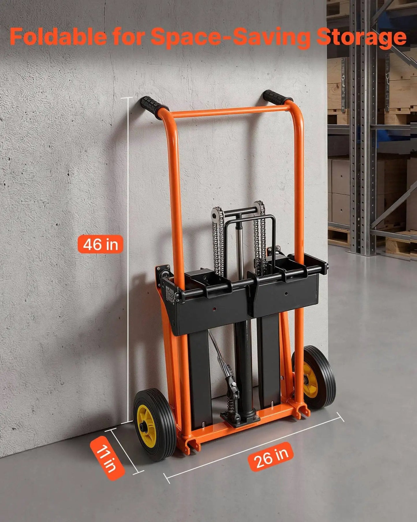 Hydraulic Material Lift Winch Stacker With 450 Lb Capacity And 35.4 Inch Lift Height, Foldable Portable Pallet Jack in storage position.