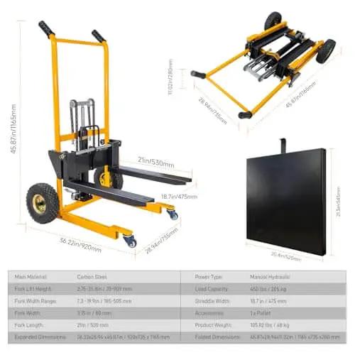 Foldable Hydraulic Material Lift Winch Stacker 450 Lbs Capacity With 35.8 Inch Max Lift And 9 Inch Wheels 360 Degree Swivel Casters Pallet Truck Dolly Fork Lift Table Cart Removable Platform Adjustable Forks