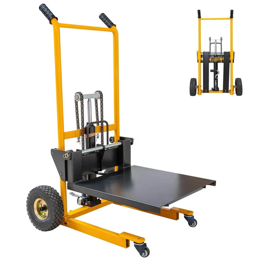 Foldable Hydraulic Material Lift Winch Stacker 450 Lbs Capacity With 35.8 Inch Max Lift And 9 Inch Wheels front view