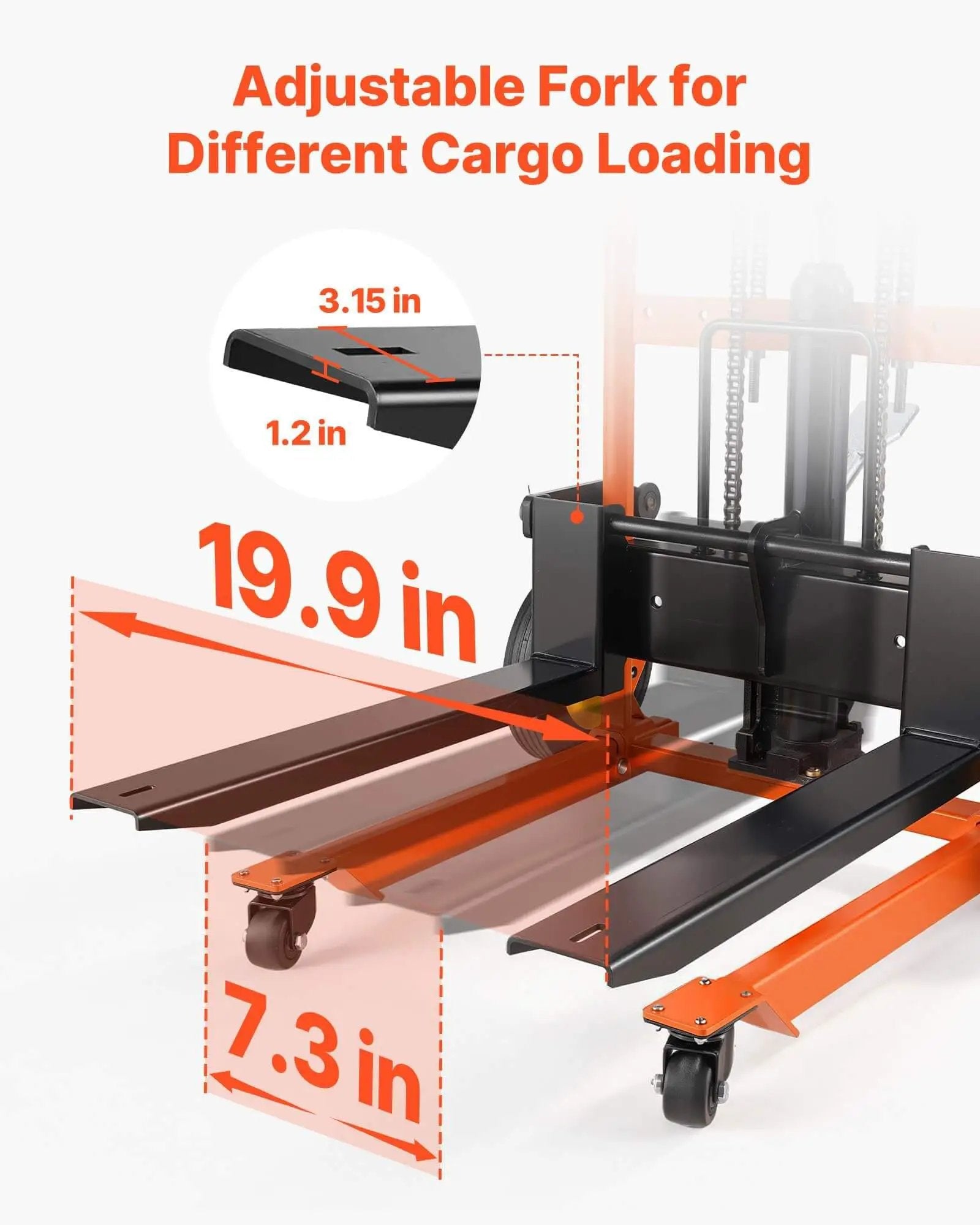 Close-up of Hydraulic Material Lift Winch Stacker With 450 Lb Capacity, showing adjustable fork dimensions and black-orange design.