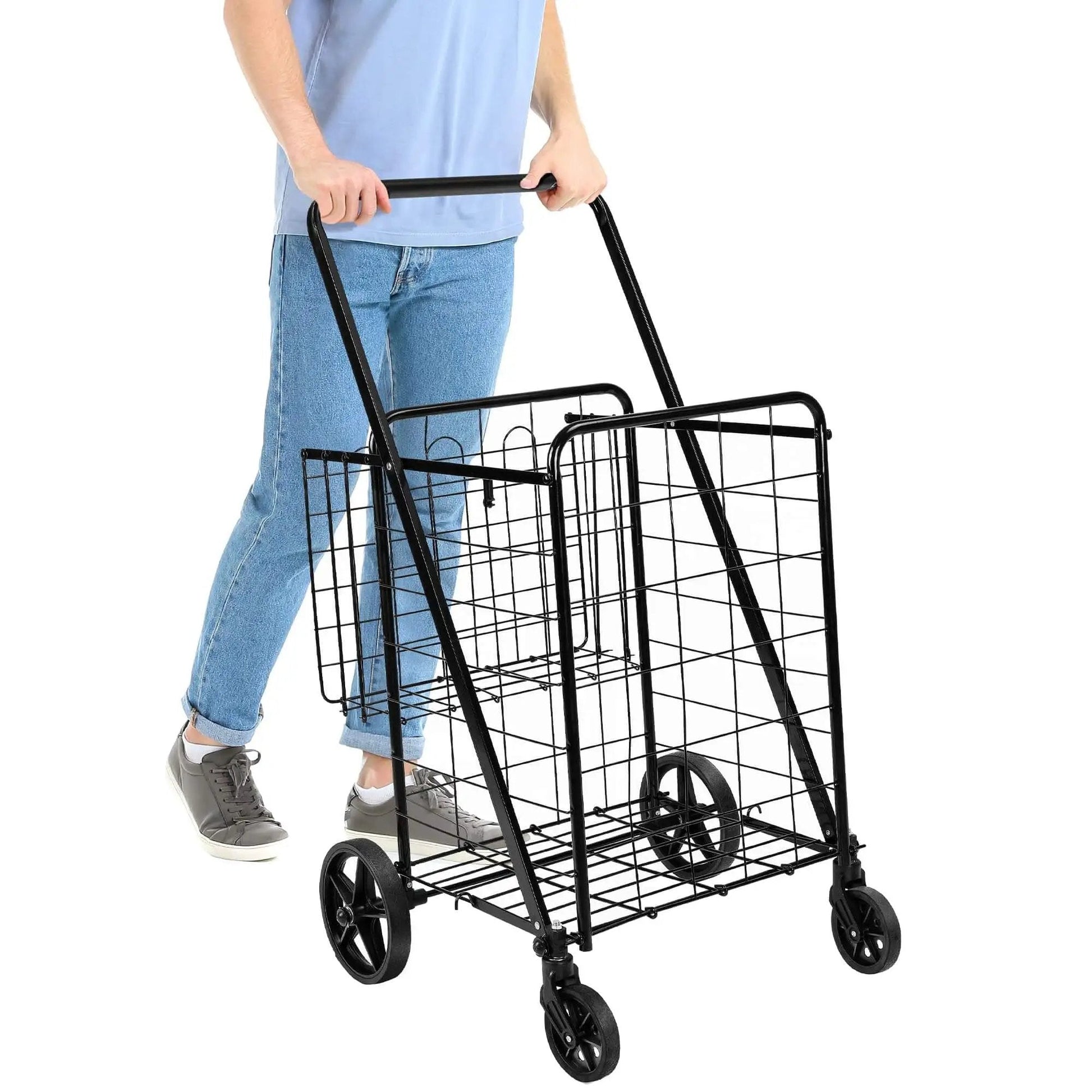 Person using Foldable Collapsible Shopping Cart With 360 Degree Wheels To Haul Groceries And More, Extra Large Capacity, Dual Basket Design, Built Tough Metal Frame, Easy Assembly, Black