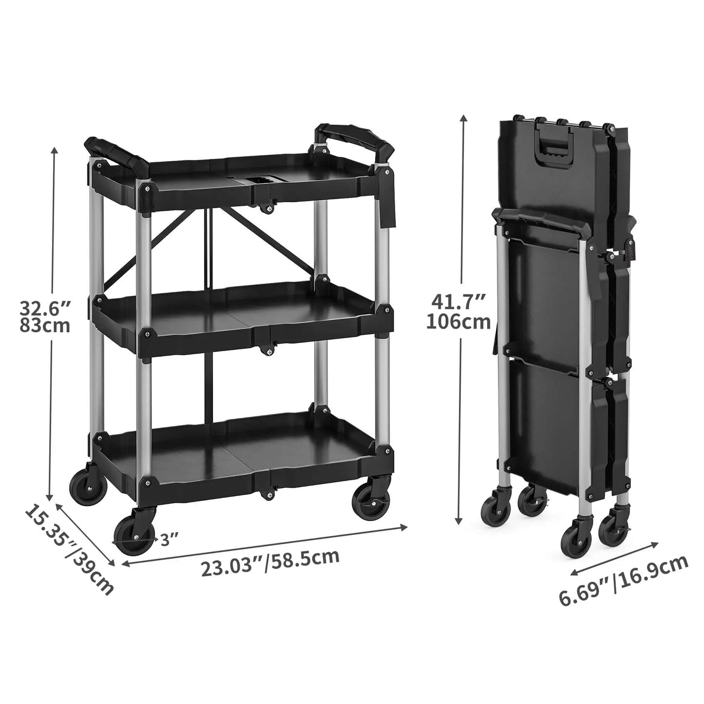 Foldable Utility Cart On Wheels For Home Garage Office Or Restaurant With 3 Tier And 360 Degree Swivel Wheels Brakes On Two