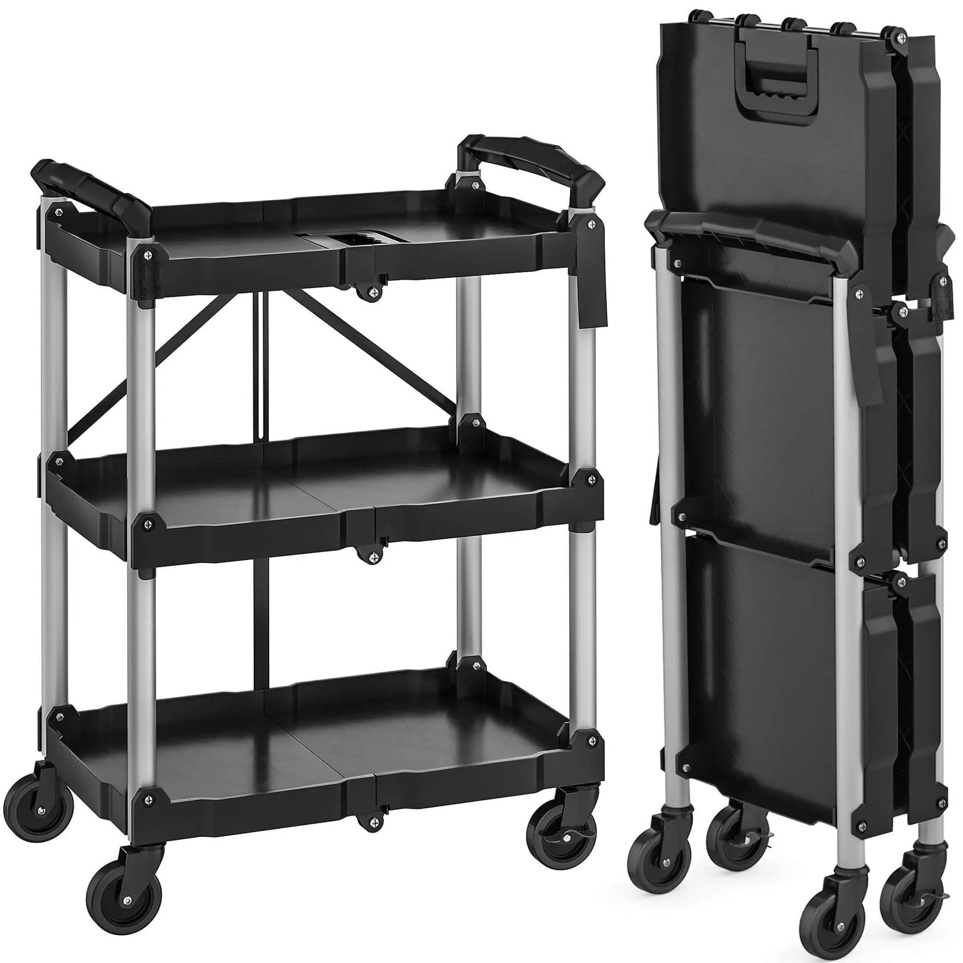 Foldable Utility Cart On Wheels For Home Garage Office Or Restaurant With 3 Tier And 360 Degree Swivel Wheels Brakes On Two No Assembly Required 240 LBS Capacity Collapsible Rolling Cart By YITAHOME, open and folded view