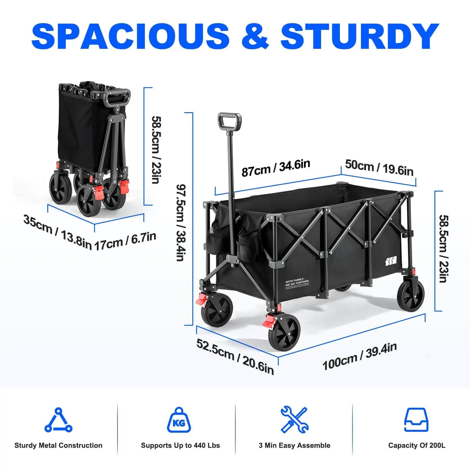 Large 200L Collapsible Wagon Cart With 440 Pounds Weight Capacity And Built In Brake For Camping Garden Sports And Shopping Foldable Utility Wagon 34.6 By 19.6 By 23 Inches Lightweight At Only 16.5 Pounds Black, showing dimensions and folding mechanism.