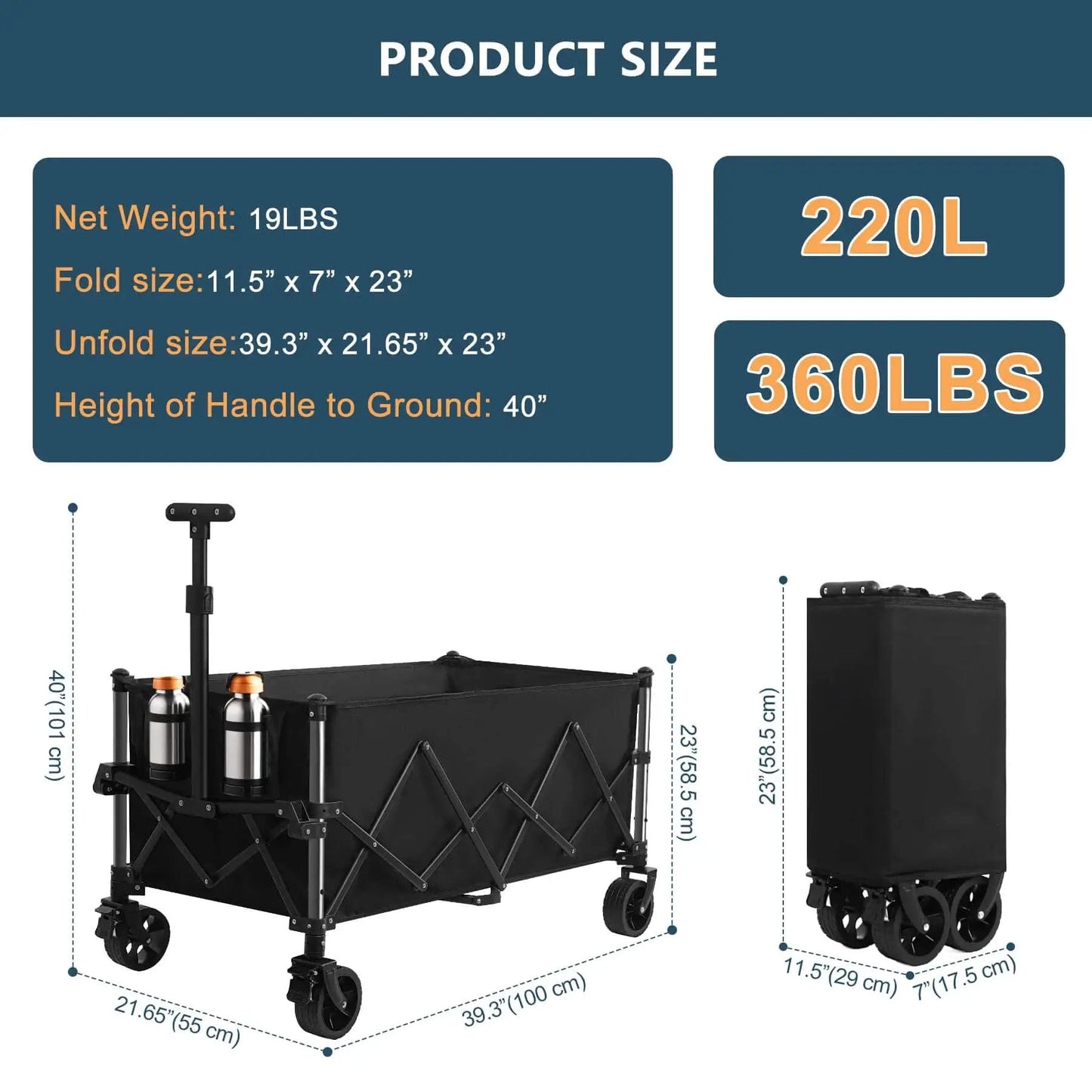 Extra Large Collapsible Wagon Cart With 220L Capacity And 360 Pounds Load All Terrain Wheels With Brakes shown folded and unfolded