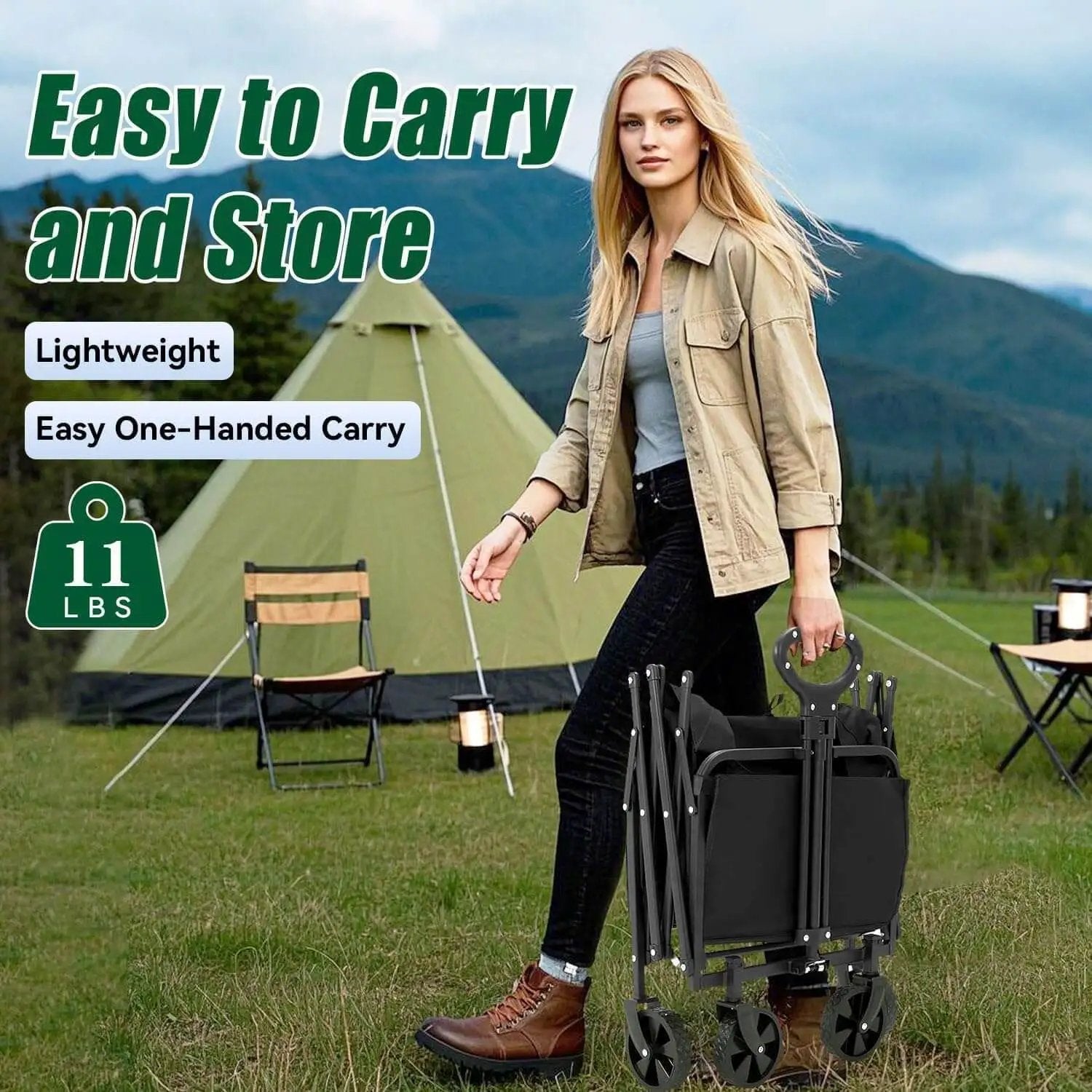 Woman holding a folded Collapsible Wagon Cart Foldable 120L 360Lb Load Capacity Lightweight Beach Wagon near a tent