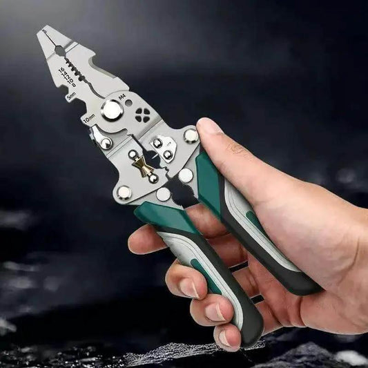Hand holding Foldable Automatic Wire Stripper And Cutter With 18 In 1 Wire Crimping Tool, compact and multifunctional design.