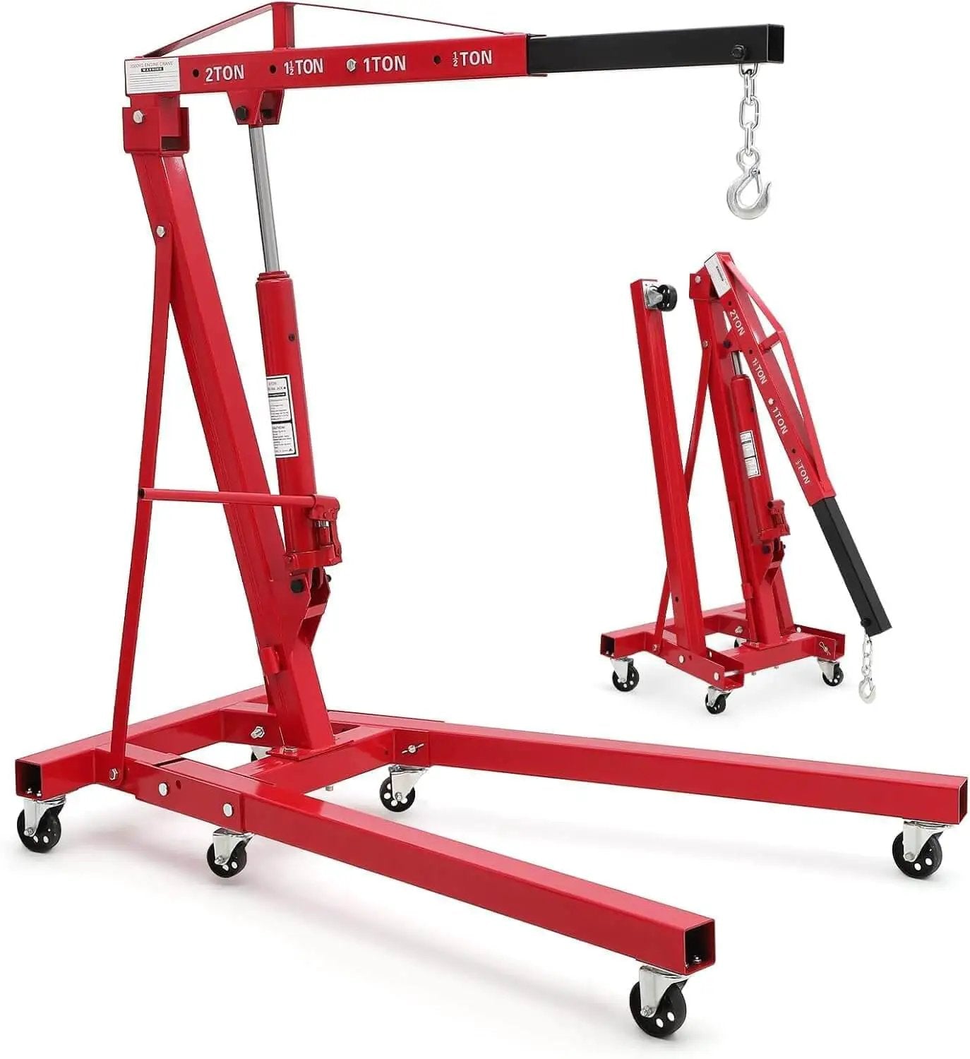 Heavy Duty 2 Ton Folding Hydraulic Engine Hoist With Load Leveler And Adjustable Boom From 0.5 To 2 Tons, 6 Swivel Wheels, 4400 Lbs Capacity, Cherry Picker For Garage, Workshop And Warehouse, red frame with folding design and load hook visible.