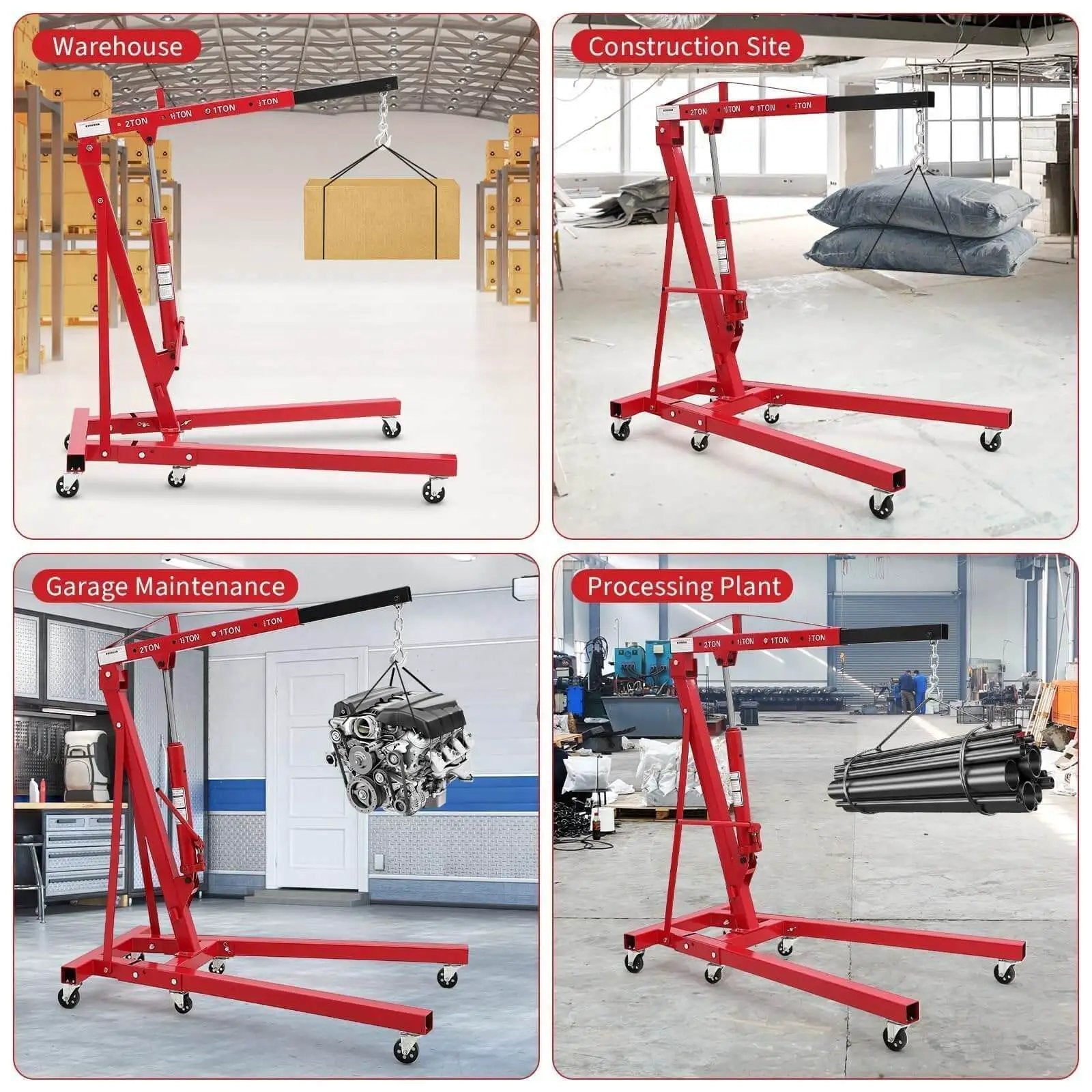 Heavy Duty 2 Ton Folding Hydraulic Engine Hoist with Load Leveler and Adjustable Boom, 6 Swivel Wheels, 4400 lbs Capacity in Various Settings