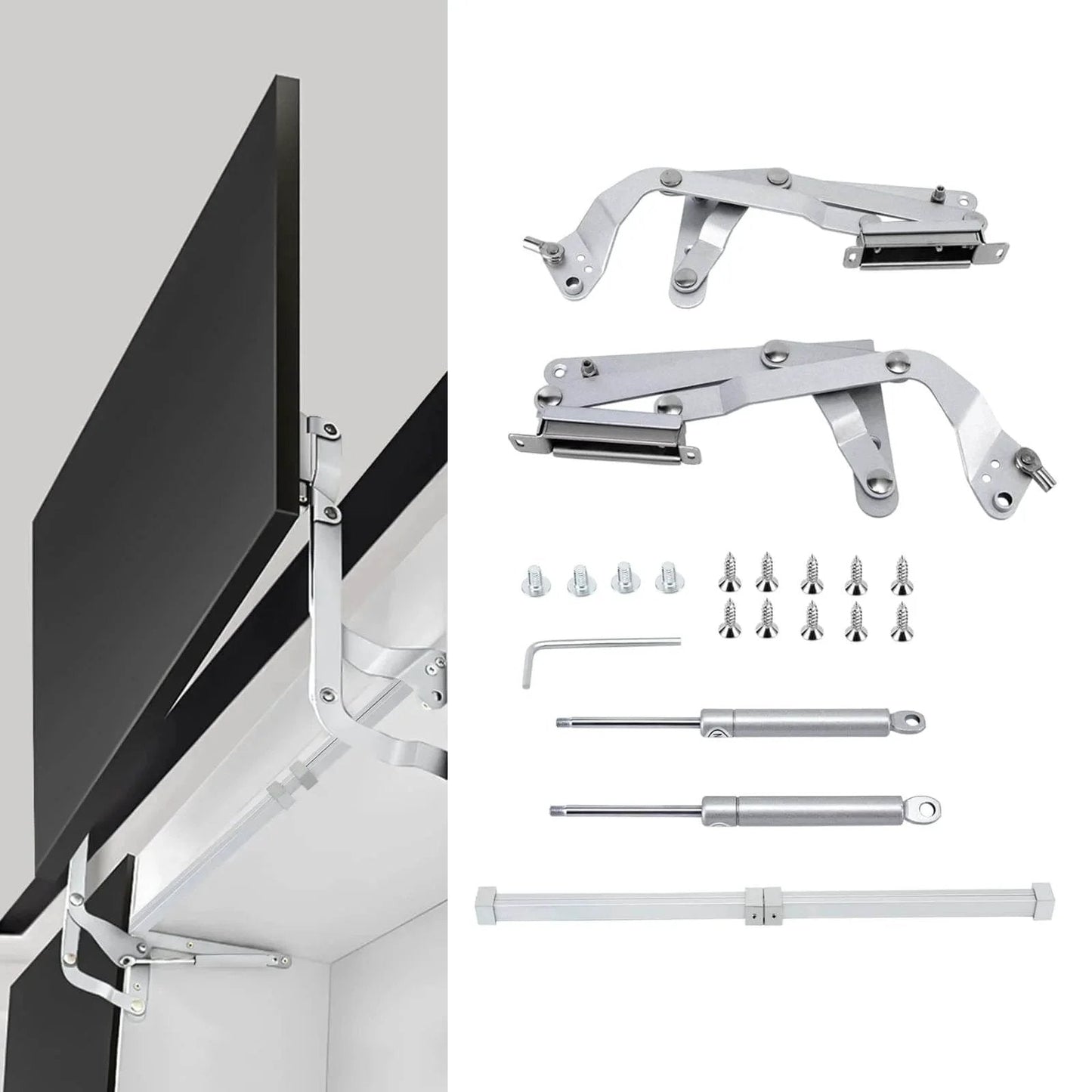 Cabinet Door Hinges and Silent Pneumatic Arm Kitchen Mechanism Hinges with folding lift up stay kit and screws.