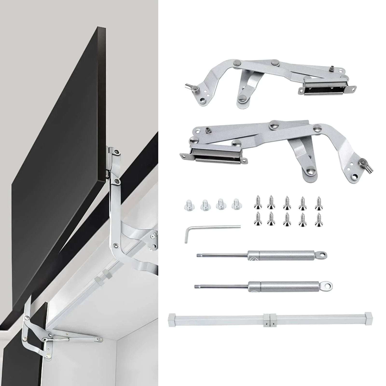 Cabinet Door Hinges and Silent Pneumatic Arm Kitchen Mechanism Hinges with folding lift up stay kit and screws.