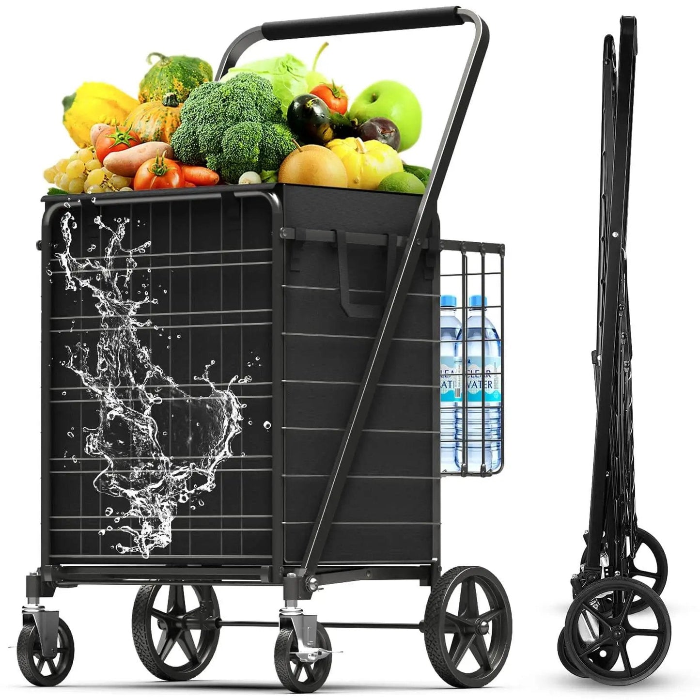 Beefy Folding Shopping Cart With 5.0 Cu Ft Capacity 480 Lb Load 360 Degree Braked Swivel Wheels Dual Basket System Removable Waterproof Liner With Lid For Laundry Or Grocery Hauls loaded with groceries, side view showing foldable design.