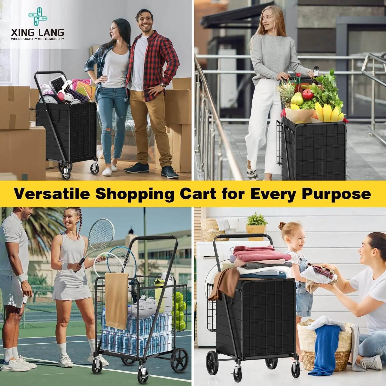 Beefy Folding Shopping Cart With 5.0 Cu Ft Capacity 480 Lb Load 360 Degree Braked Swivel Wheels Dual Basket System Liner