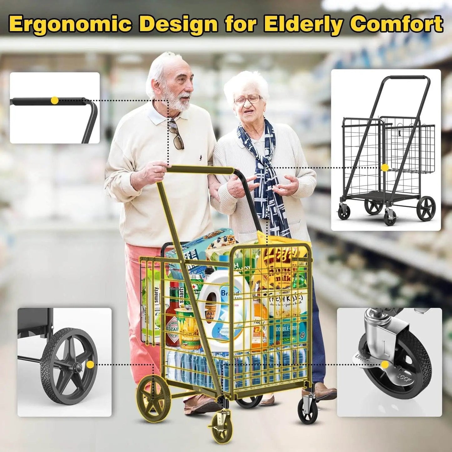 Elderly couple using Beefy Folding Shopping Cart With 5.0 Cu Ft Capacity 480 Lb Load 360 Degree Braked Swivel Wheels Dual Basket System