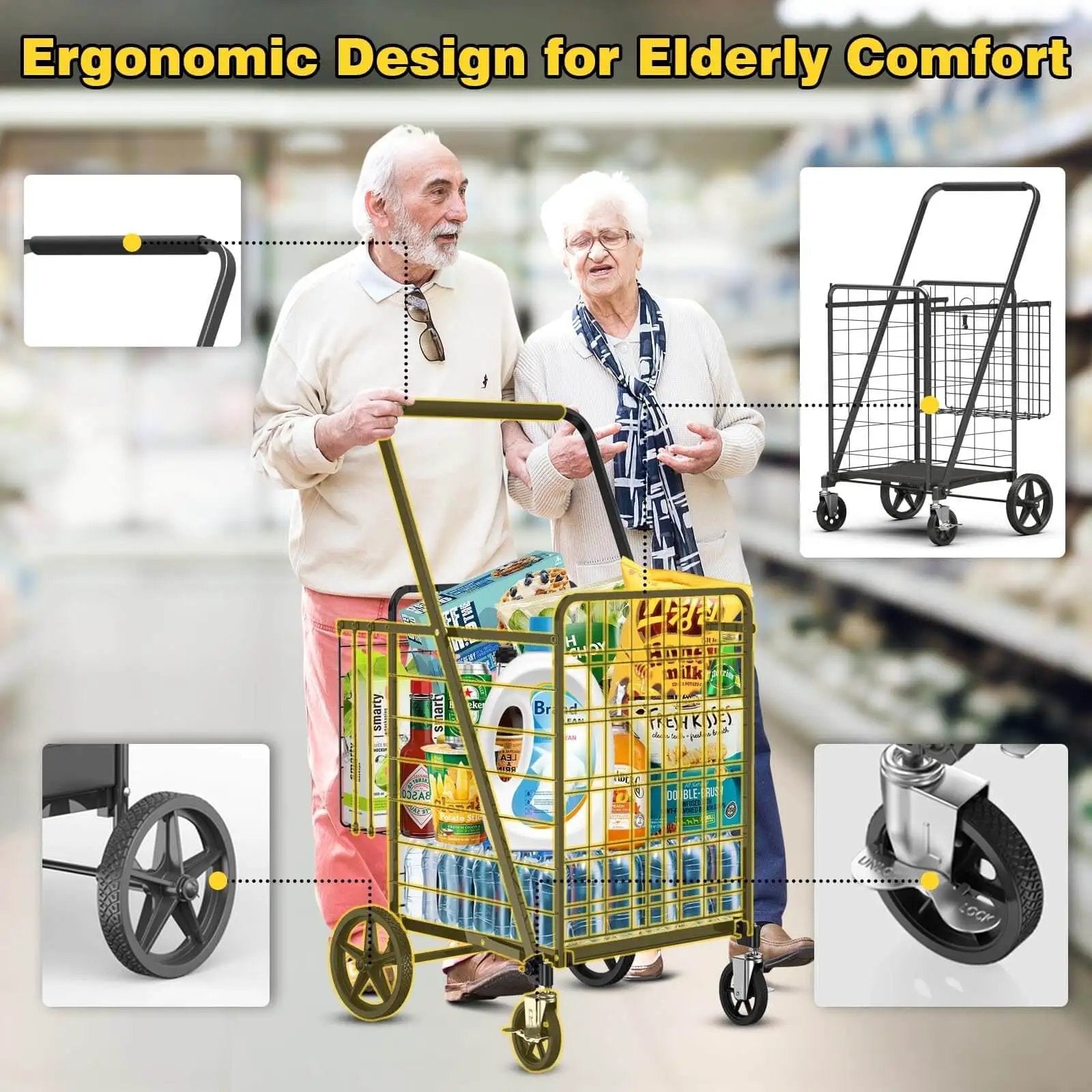 Elderly couple using Beefy Folding Shopping Cart With 5.0 Cu Ft Capacity 480 Lb Load 360 Degree Braked Swivel Wheels Dual Basket System