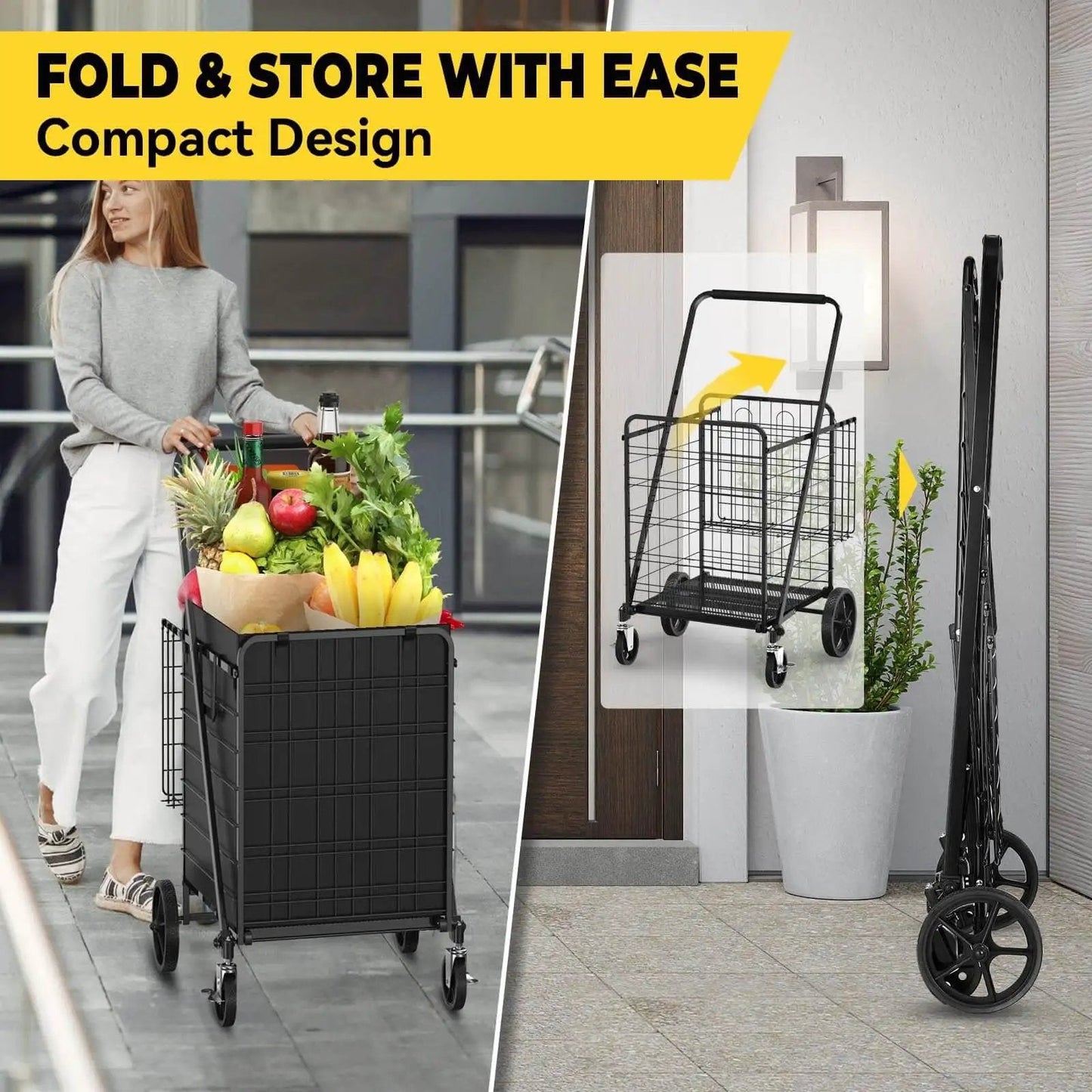 Beefy Folding Shopping Cart With 5.0 Cu Ft Capacity 480 Lb Load shown folded and in use for carrying groceries