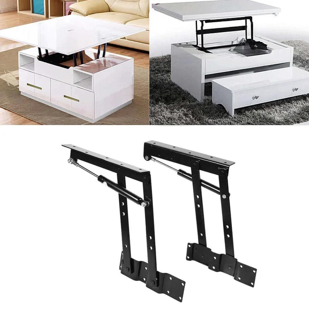 1pair Folding up Top Table Mechanism Hardware Fitting Hinge installed on white table, showing gas hydraulic lift function