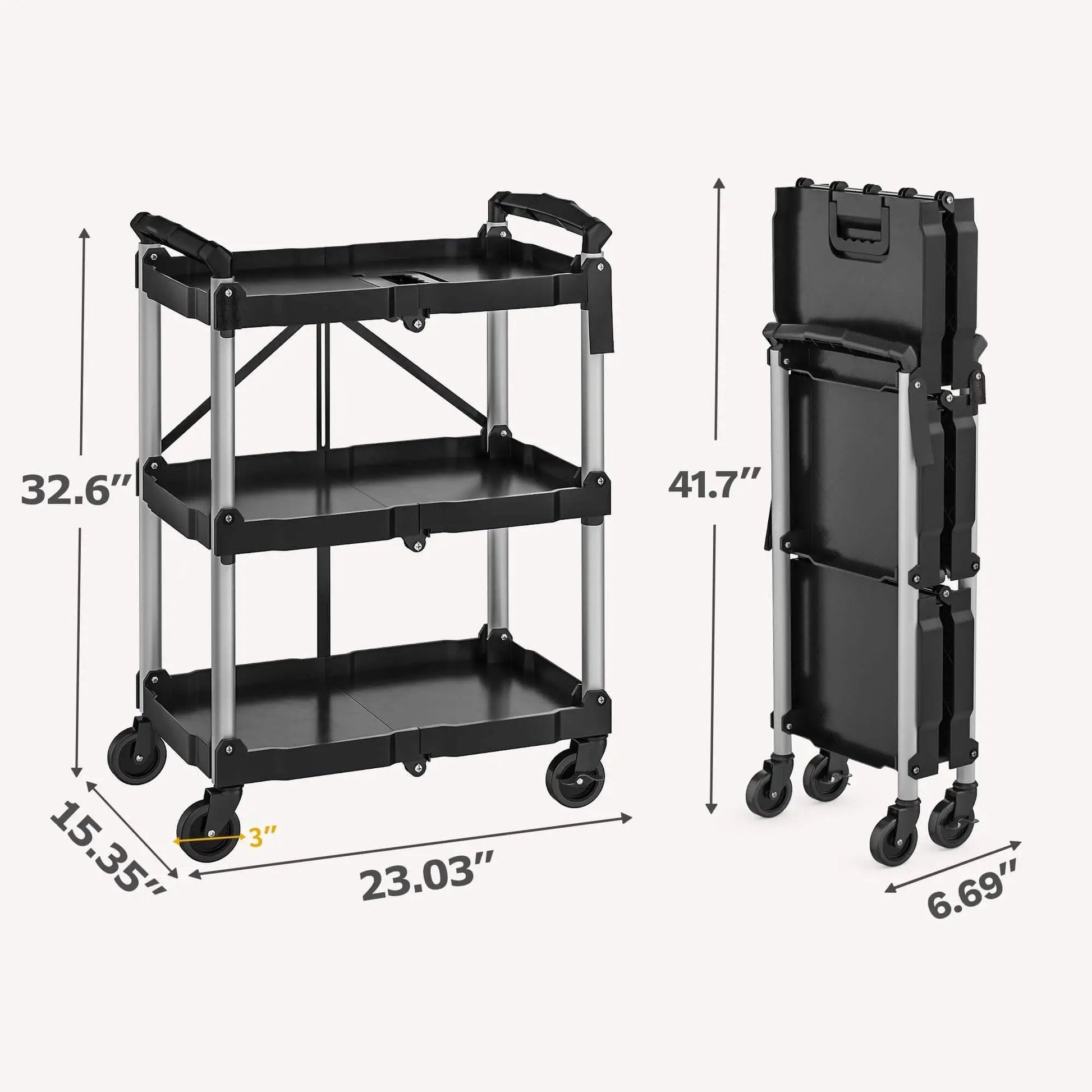 Heavy Duty Folding Utility Cart With 3 Tier Shelves DWVO 240 Lb Load Capacity Collapsible Rolling Cart dimensions shown